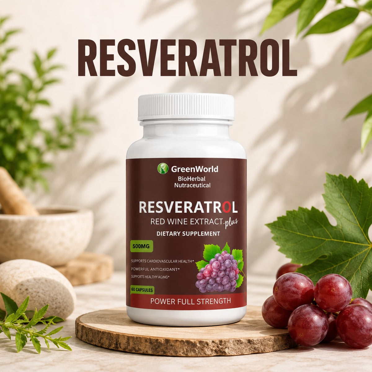 Resveratrol GreenWorld 500mg | Extracto de Vino Tinto, 60 Cápsulas