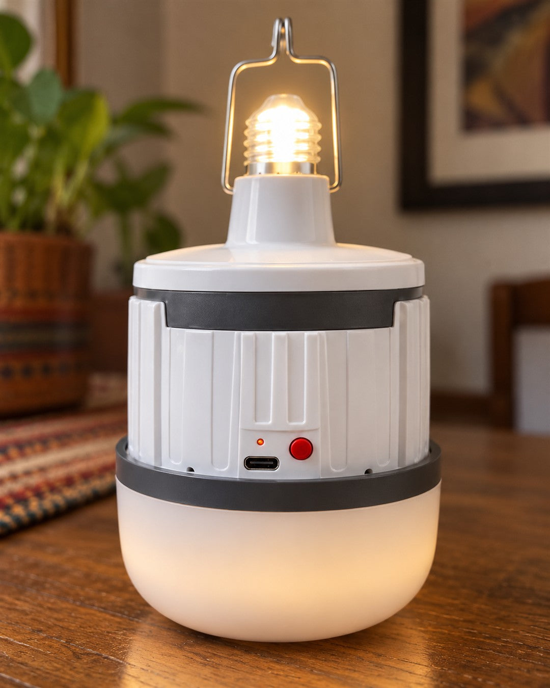 Bombillo LED recargable tipo farol con gancho: cuerpo cilíndrico blanco acanalado con una banda gris oscura ancha en la parte superior textura y aplicación