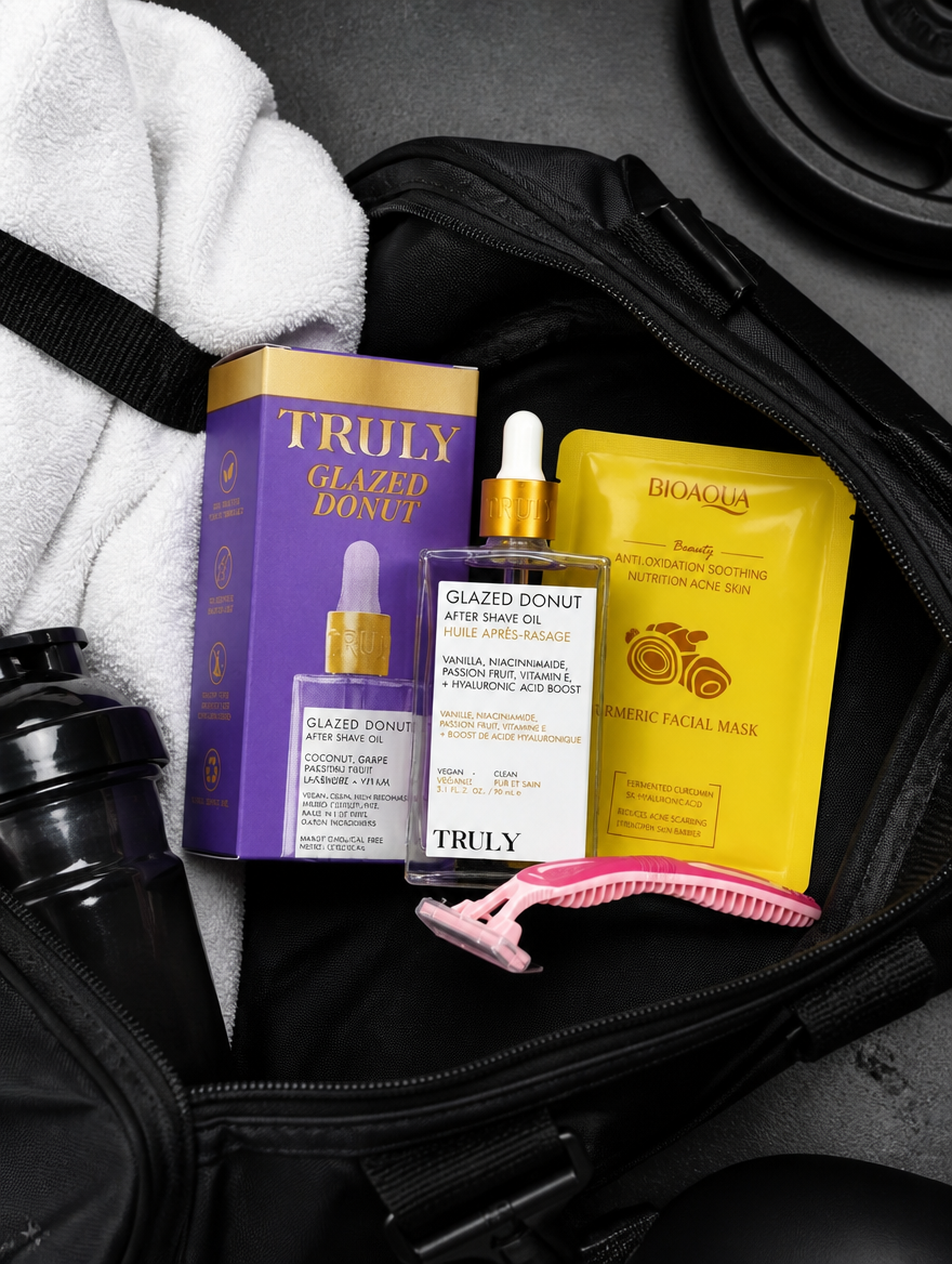 Truly Glazed Donut Kit 3 en 1 | Aceite Post-Afeitado + Mascarilla + Rastrillo