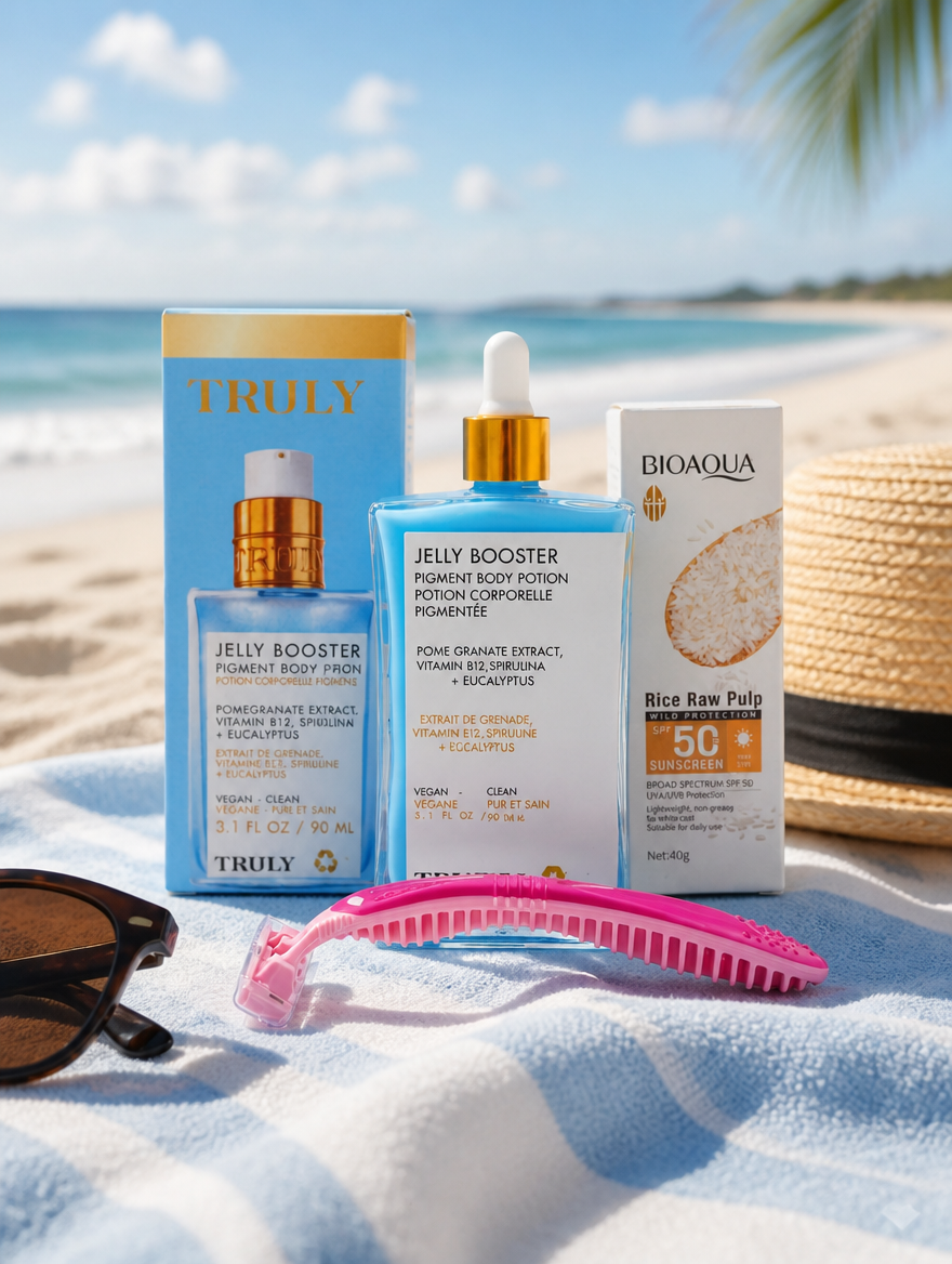 Truly Jelly Booster Kit 3 en 1 | Potion Corporal + Protector Solar SPF50 + Rastrillo
