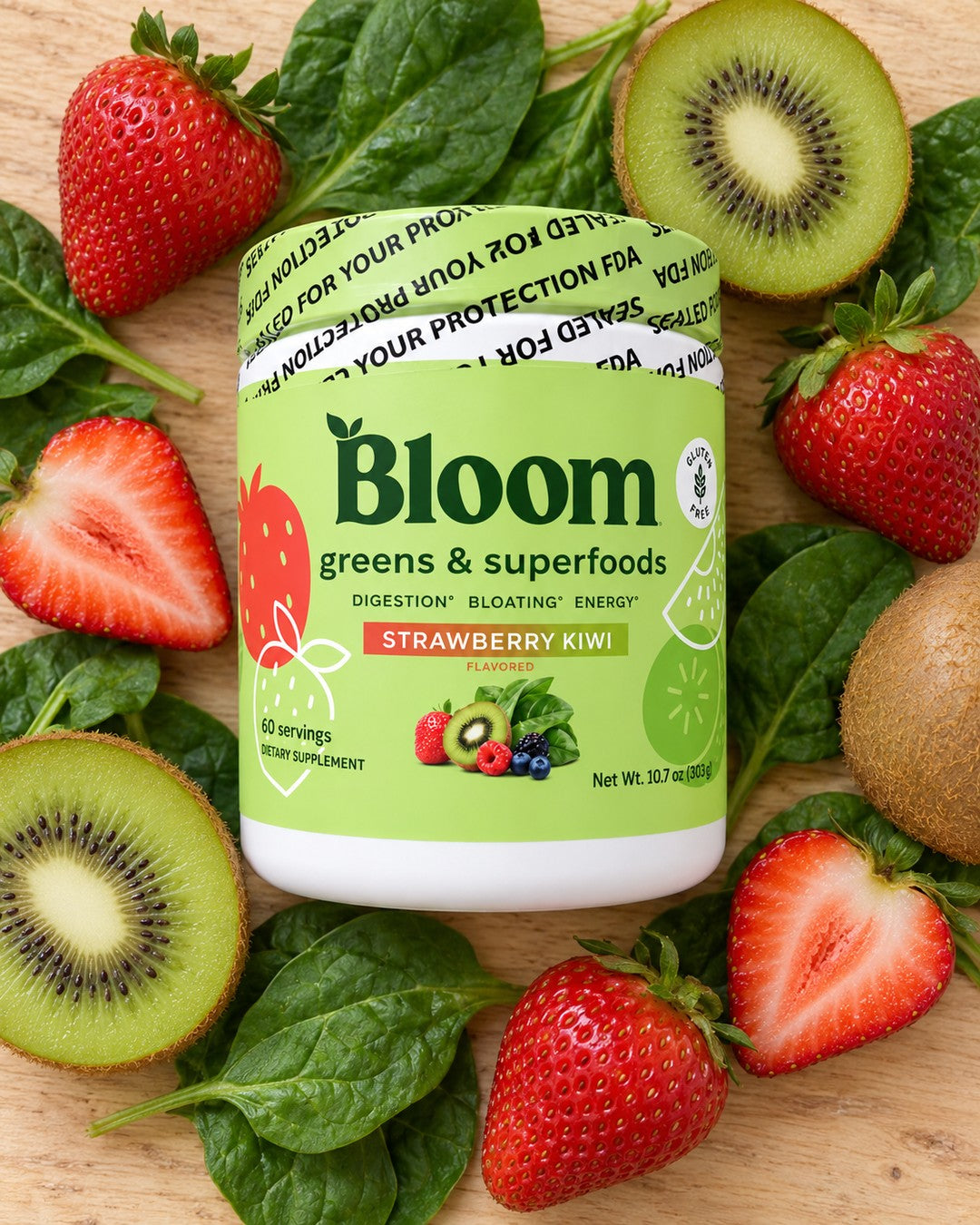 Bloom Greens & Superfoods Fresa Kiwi con sus ingredientes