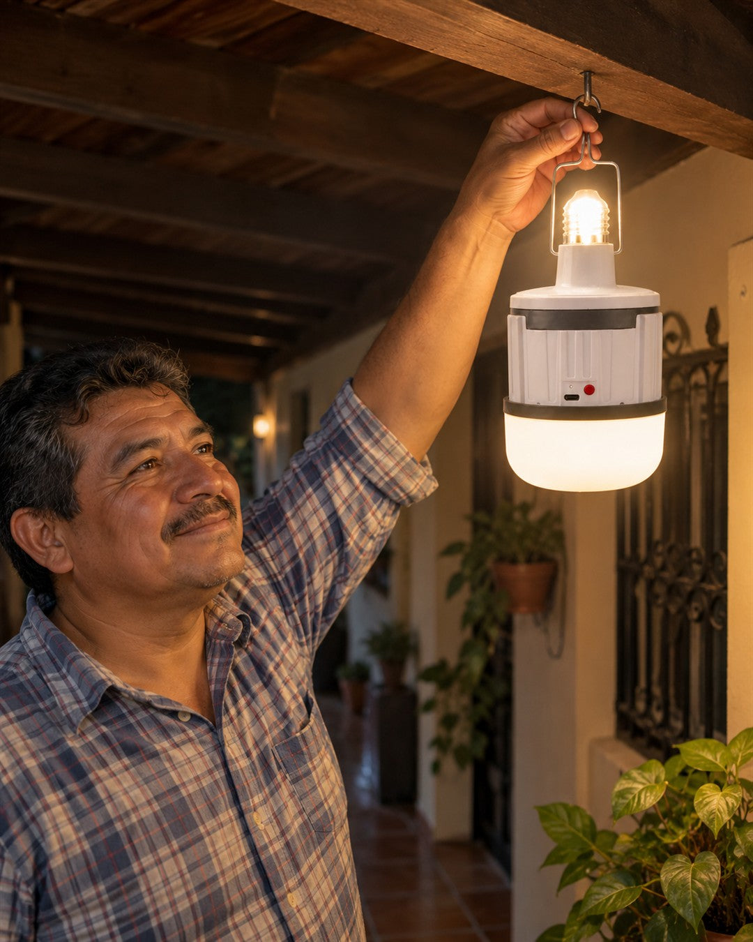 Bombillo LED recargable tipo farol con gancho: cuerpo cilíndrico blanco acanalado con una banda gris oscura ancha en la parte superior en la rutina diaria