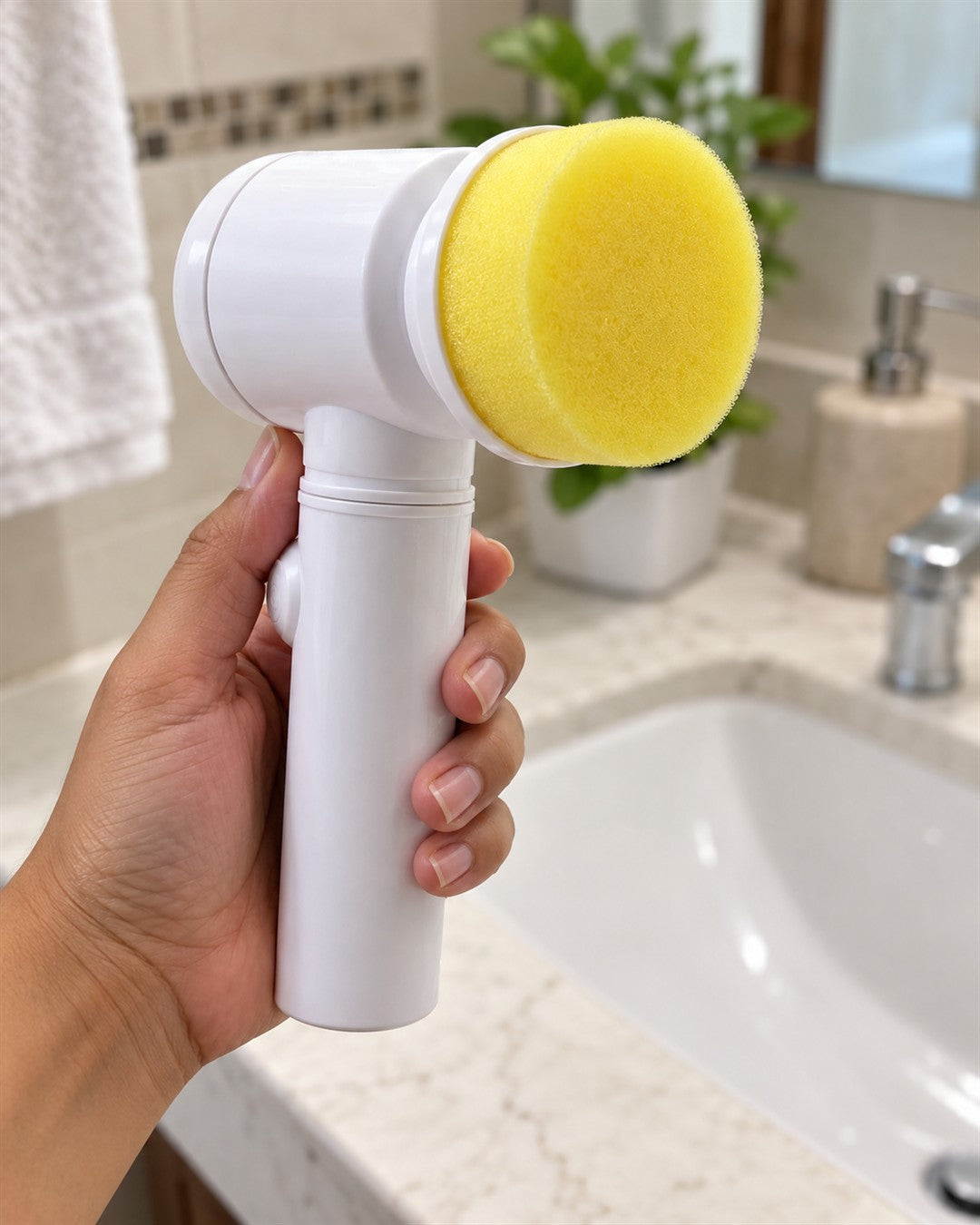 Cepillo eléctrico de limpieza 3 en 1, inalámbrico: mango cilíndrico blanco liso con un pequeño botón redondo blanco en el costado, cabezal redondo blanco giratorio en la parte superior con un cabezal intercambiable puesto; incluye 3 cabezales, cada uno sobre una base circular blanca: esponja amarilla gruesa y redonda, cepillo de cerdas blancas y almohadilla blanca de microfibra rizada. Todo blanco con amarillo; sin textos, logos ni infografías. en la mano