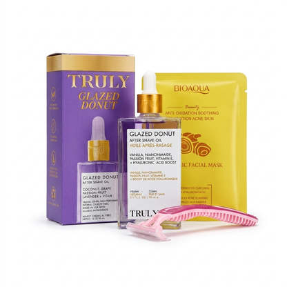 Truly Glazed Donut Kit 3 en 1 | Aceite Post-Afeitado + Mascarilla + Rastrillo
