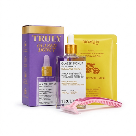 Truly Glazed Donut Kit 3 en 1 | Aceite Post-Afeitado + Mascarilla + Rastrillo