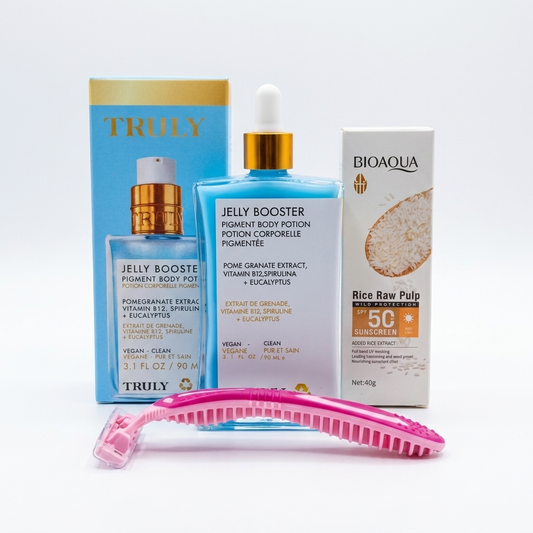 Truly Jelly Booster Kit 3 en 1 | Potion Corporal + Protector Solar SPF50 + Rastrillo
