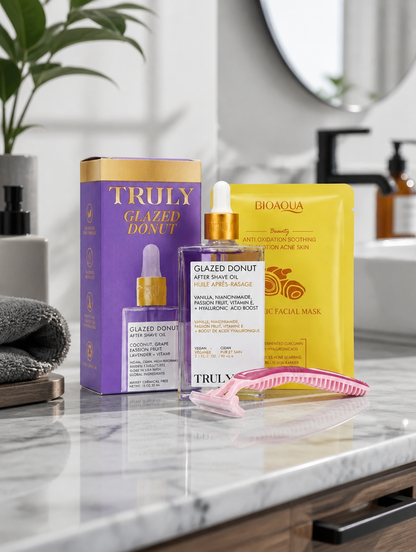 Truly Glazed Donut Kit 3 en 1 | Aceite Post-Afeitado + Mascarilla + Rastrillo