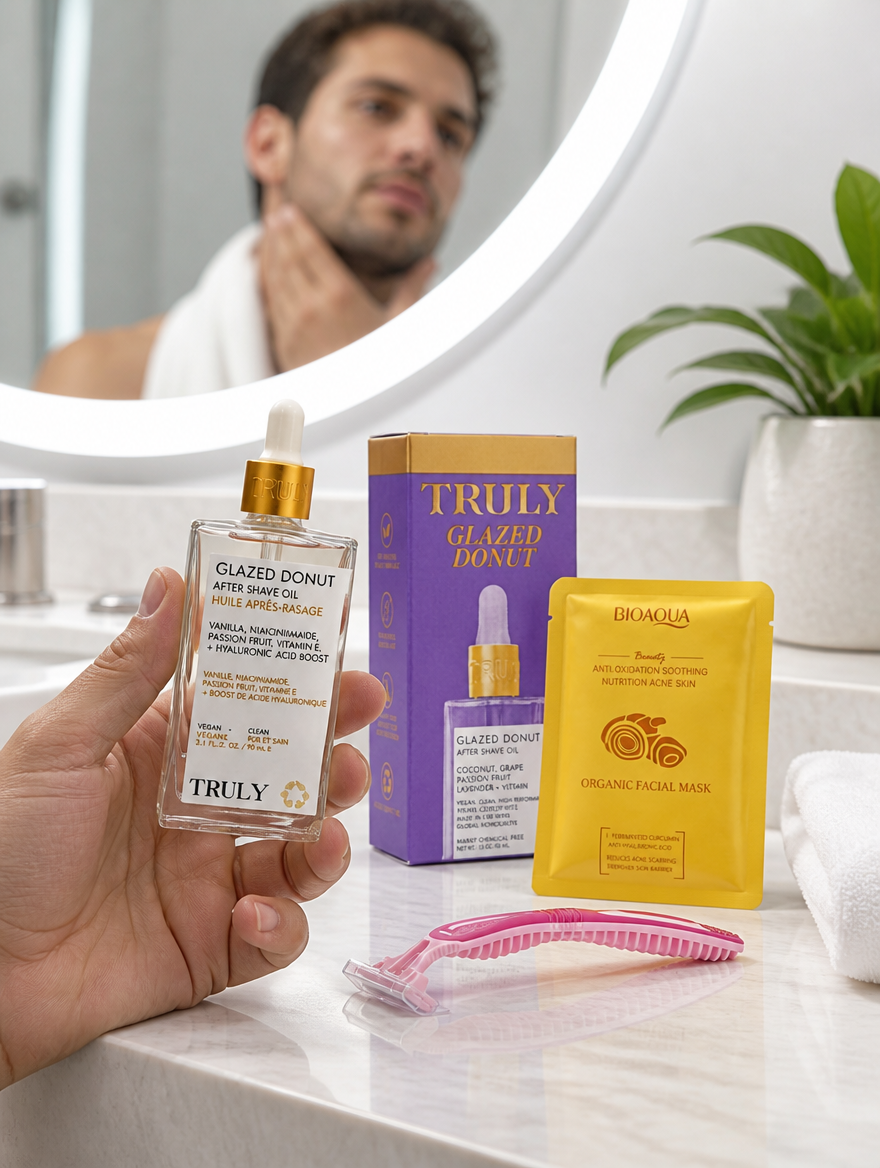 Truly Glazed Donut Kit 3 en 1 | Aceite Post-Afeitado + Mascarilla + Rastrillo