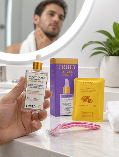 Truly Glazed Donut Kit 3 en 1 | Aceite Post-Afeitado + Mascarilla + Rastrillo