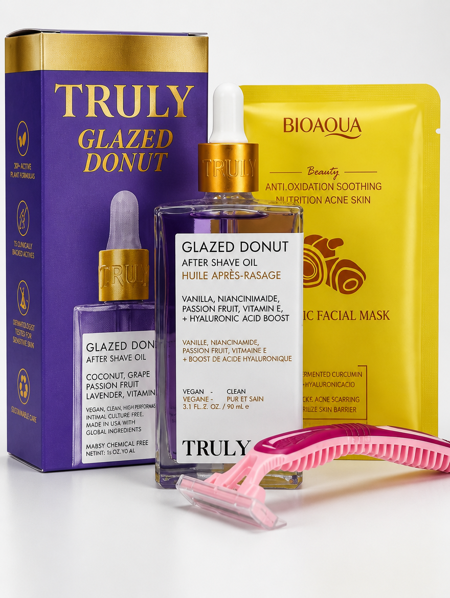 Truly Glazed Donut Kit 3 en 1 | Aceite Post-Afeitado + Mascarilla + Rastrillo