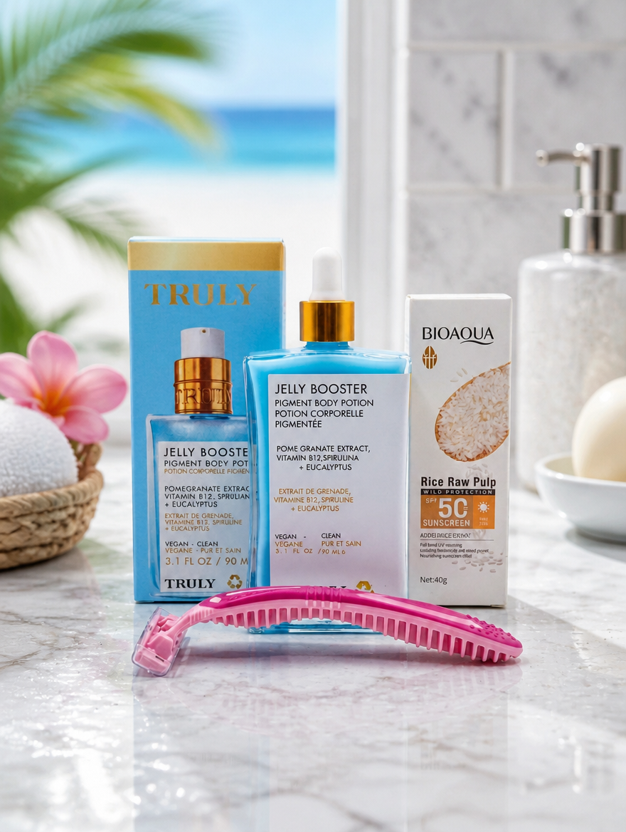 Truly Jelly Booster Kit 3 en 1 | Potion Corporal + Protector Solar SPF50 + Rastrillo