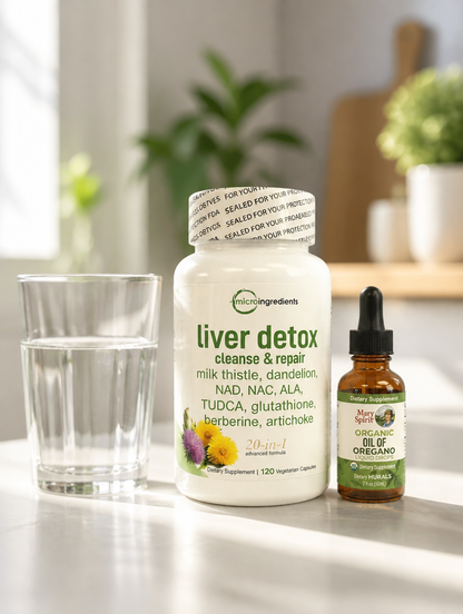 Combo Detox Hepático 20-en-1 + Aceite de Orégano Orgánico