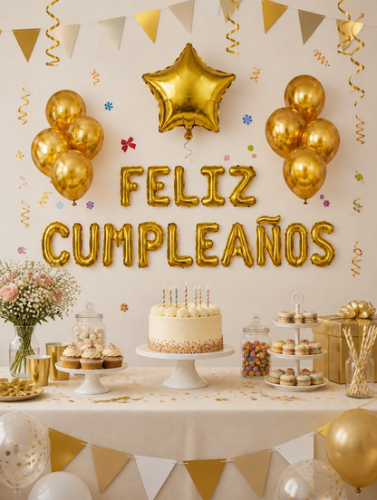 Set de Globos Feliz Cumpleaños con Pastel | Decoración Lista para la Fiesta
