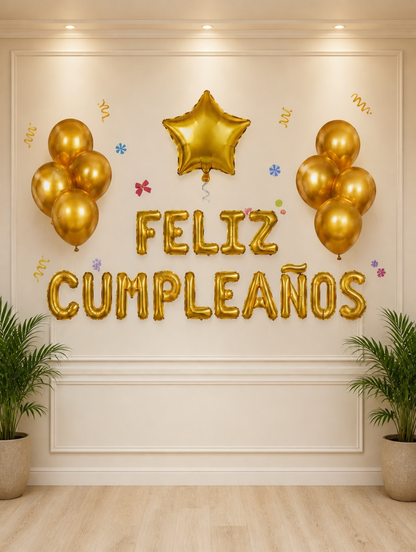 Set de Globos Feliz Cumpleaños con Pastel | Decoración Lista para la Fiesta