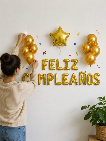 Set de Globos Feliz Cumpleaños con Pastel | Decoración Lista para la Fiesta