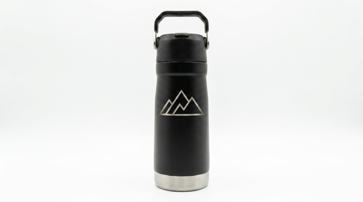 Grabado láser de logo de montañas en botella negra — render de referencia