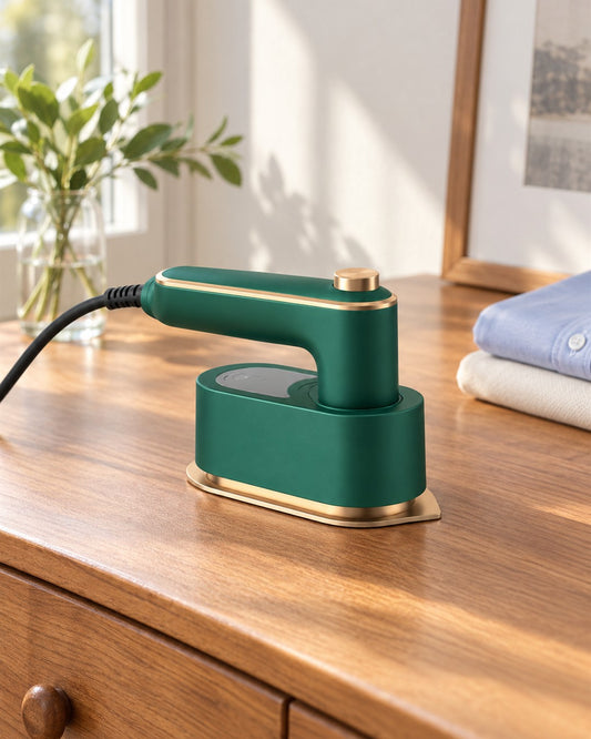 Mini plancha de vapor portátil de mano: cuerpo compacto verde esmeralda mate, agarradera vertical en forma de arco con una perilla redonda dorada arriba, base ovalada verde con suela y borde dorado color champán, una pequeña ventana gris en la parte superior de la base foto del envase