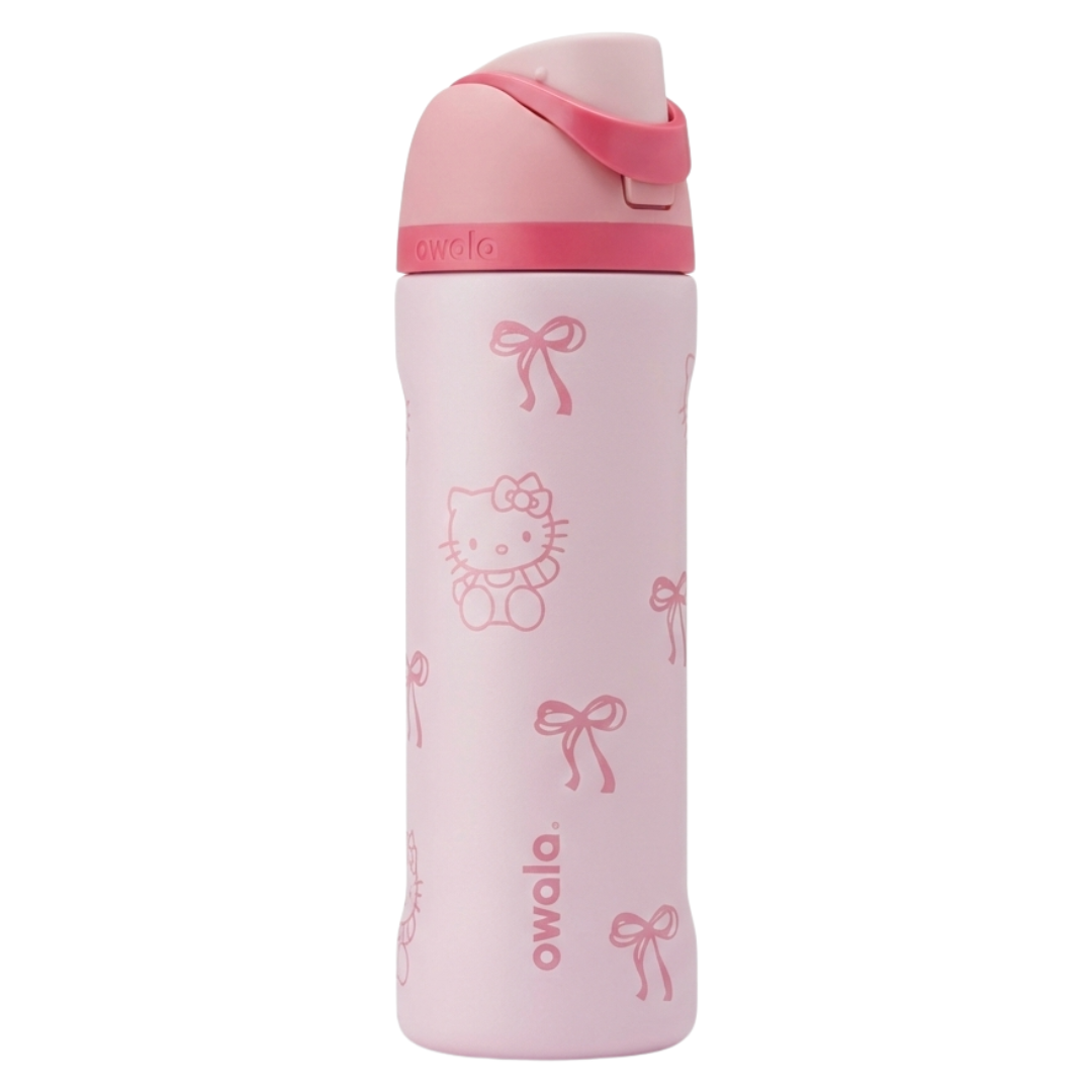 Botella térmica Owala FreeSip de 24 onzas en color rosa pastel con un diseño de patrón de contornos de Hello Kitty sentada y moños fucsia.