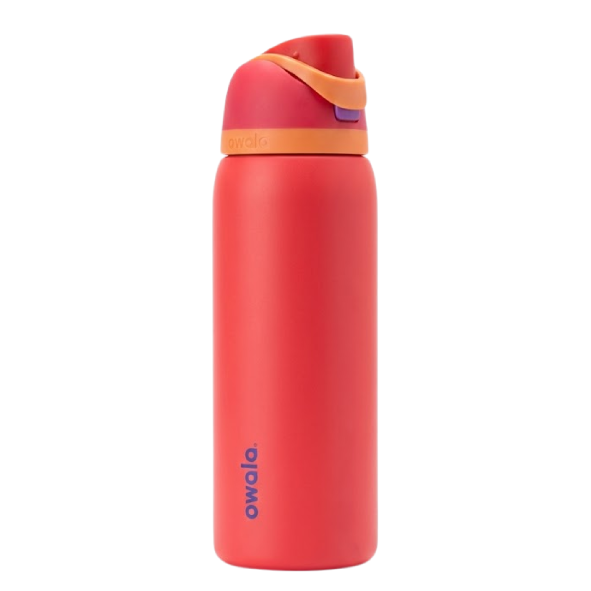Botella térmica Owala FreeSip de 24 onzas en color coral (Shy Guy). La tapa multicolor presenta colores coral y beige . Cuerpo de acero inoxidable con aislamiento al vacío para bebidas heladas.