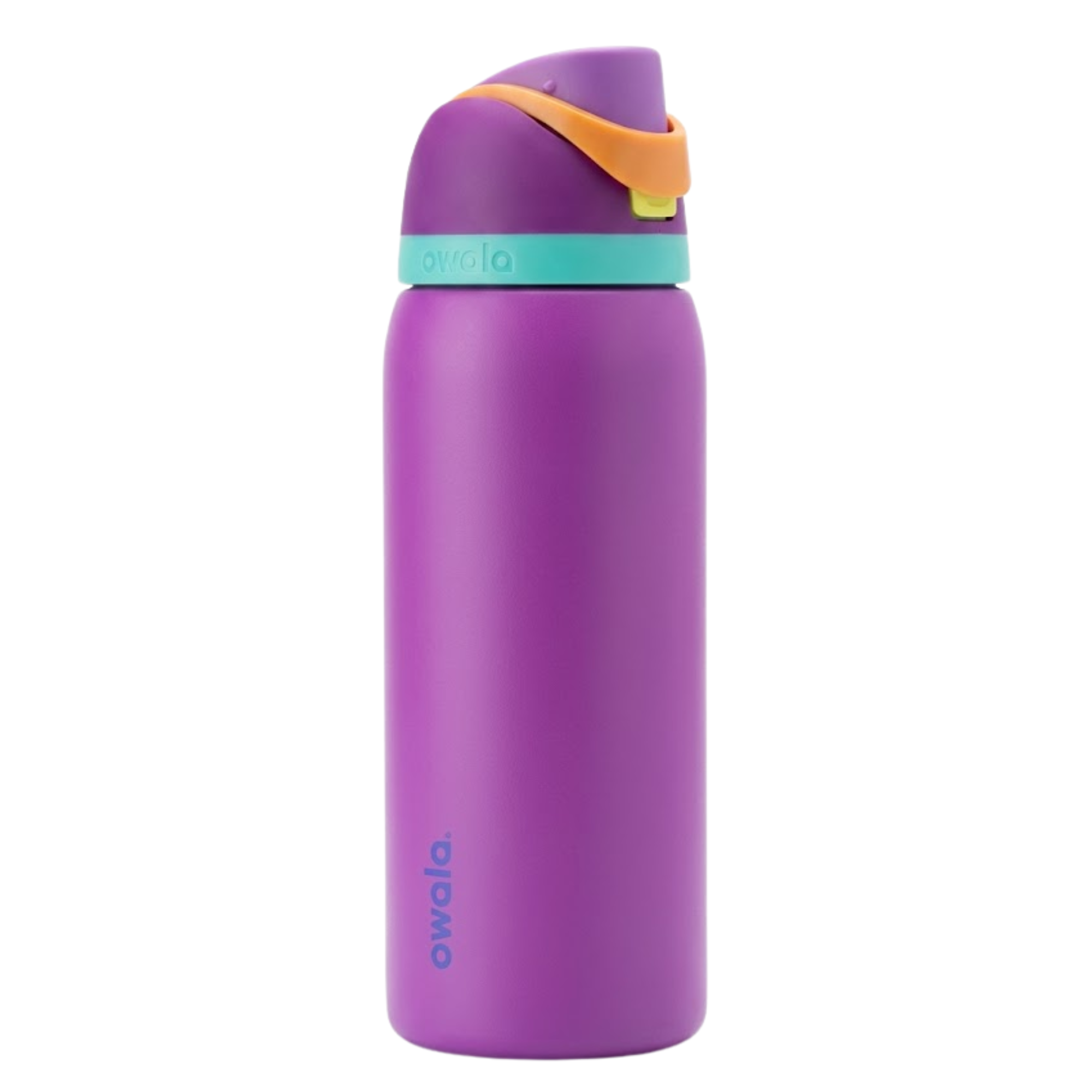 Botella térmica de 32 onzas Owala FreeSip en color morado (Be Mine). La tapa presenta una combinación de colores morado claro vibrante en el botón de apertura amarillo. Cuerpo de acero inoxidable