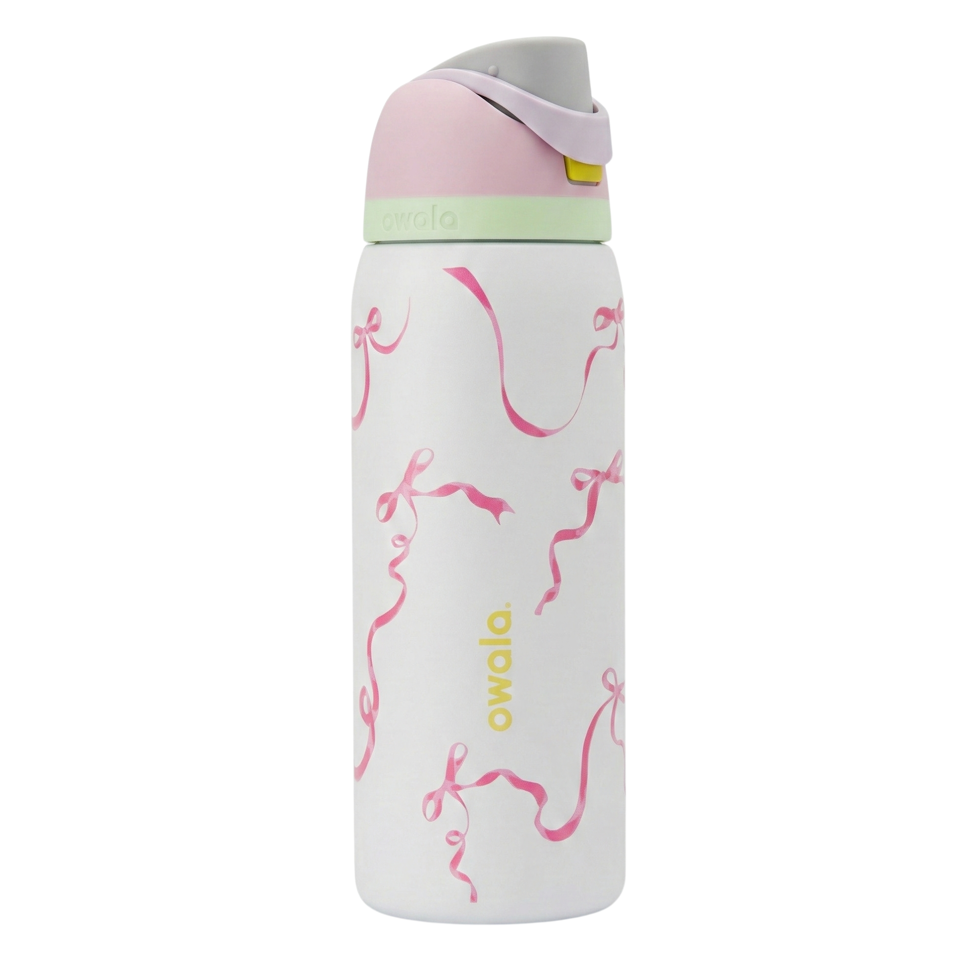 Botella térmica Owala FreeSip de 32 onzas en color blanco decorada con un patrón de moños rosas (Bow-tiful). Cuenta con la tapa FreeSip de triple capa en tonos rosa pastel, verde menta y gris. Cuerpo de acero inoxidable con aislamiento al vacío.