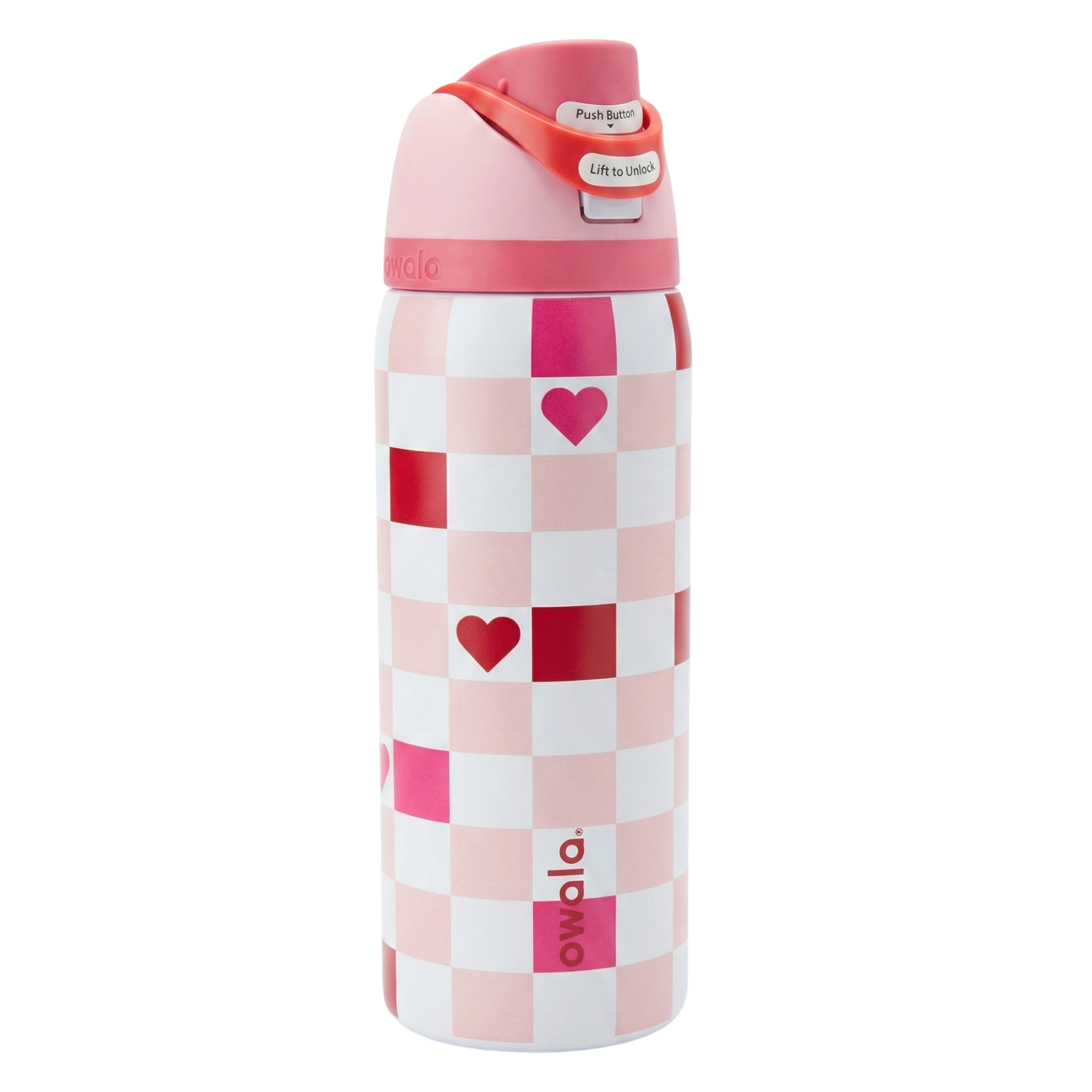 Botella térmica Owala FreeSip de 32 onzas con diseño de cuadrícula en tonos rosa claro y blanco, decorada con corazones en color rojo y fucsia (Checkered Out). La tapa FreeSip combina tonos rosa y rojo con un asa de transporte integrada que funciona como seguro. Cuerpo de acero inoxidable con aislamiento al vacío.