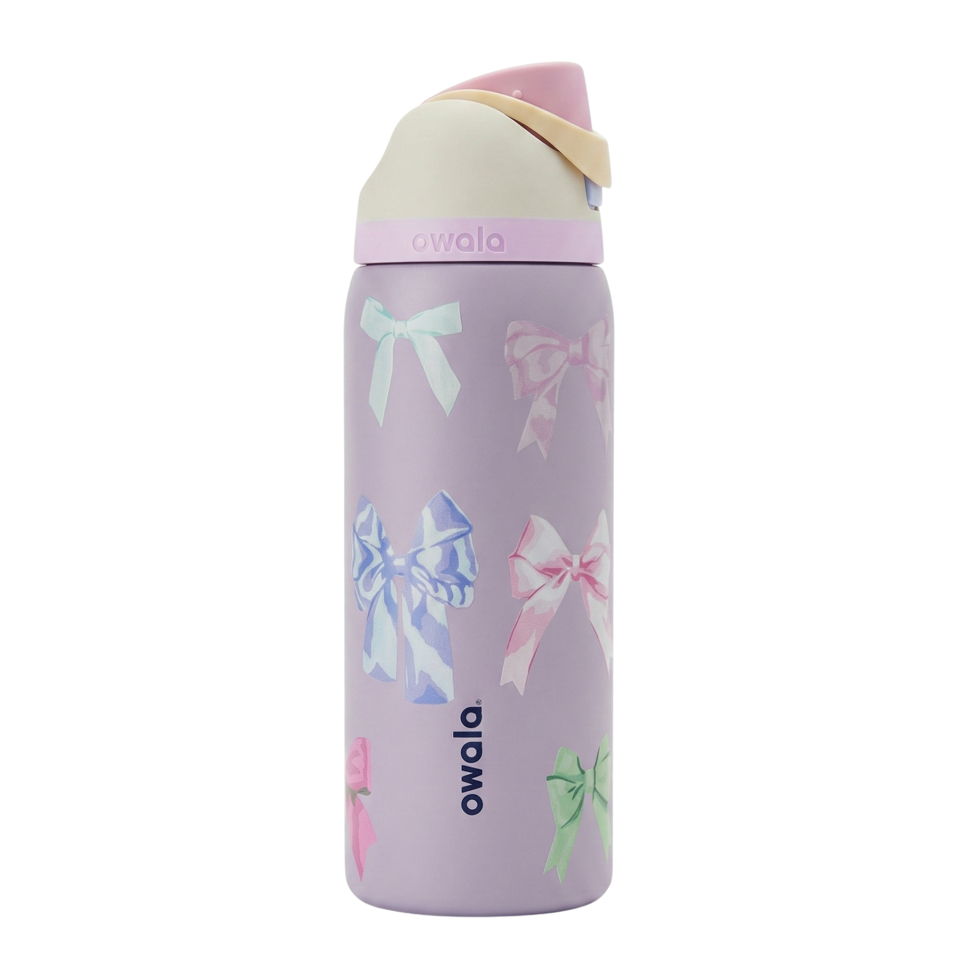 Botella térmica Owala FreeSip de 32 onzas en color morado claro decorada con un patrón de moños en tonos azul, rosa y verde (Dancing Bows). Incluye tapa FreeSip de tres tonos con base morada, detalles en color crema y un asa de transporte que sirve como seguro. Cuerpo de acero inoxidable.