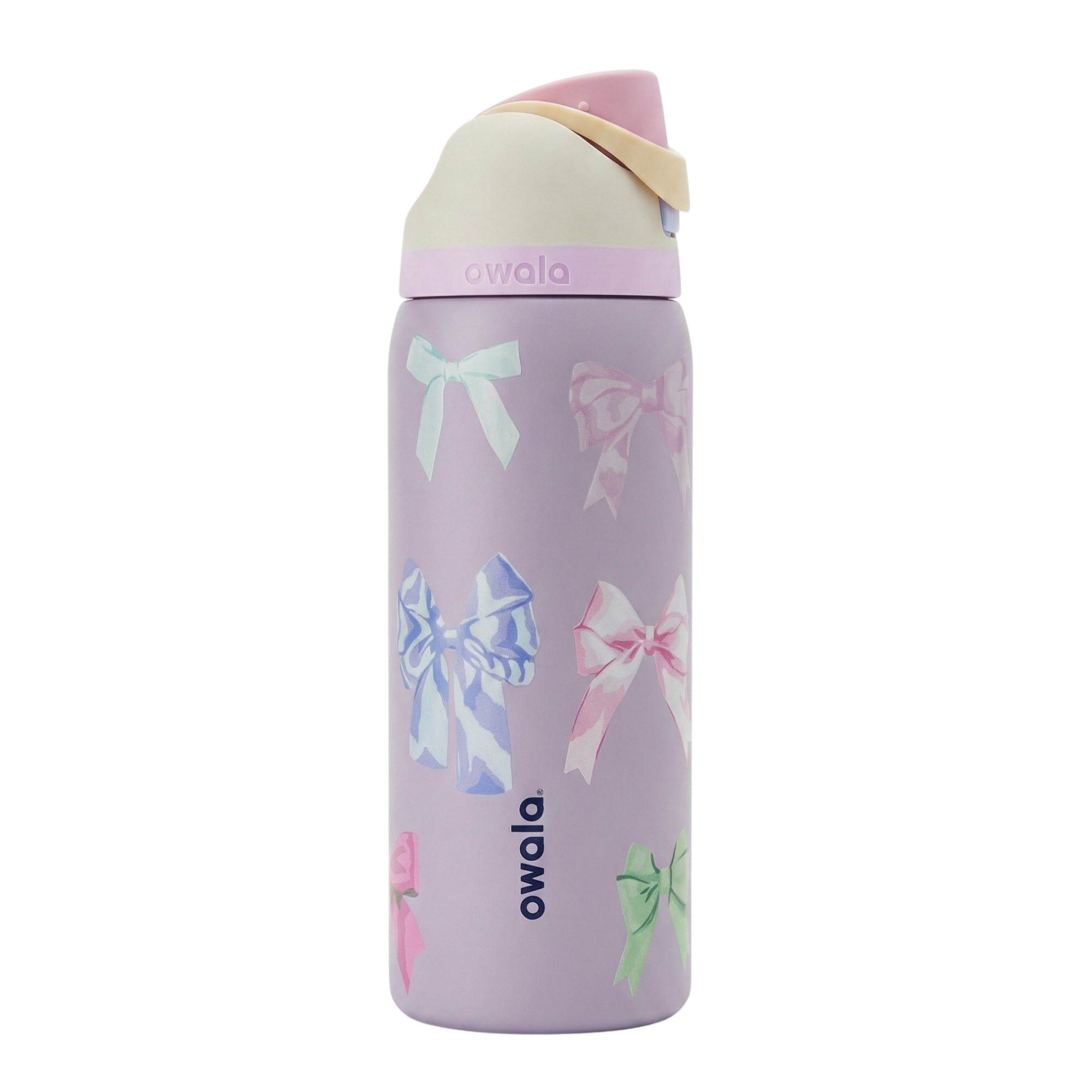 Botella térmica Owala FreeSip de 32 onzas en color morado claro decorada con un patrón de moños en tonos azul, rosa y verde (Dancing Bows). Incluye tapa FreeSip de tres tonos con base morada, detalles en color crema y un asa de transporte que sirve como seguro. Cuerpo de acero inoxidable.