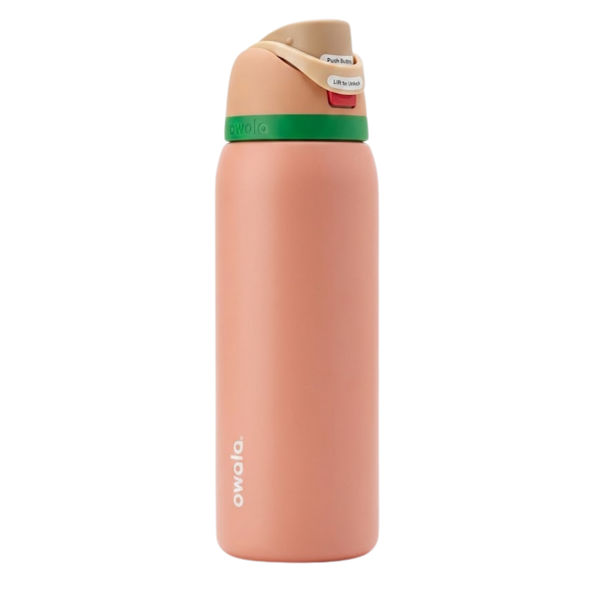 Botella térmica de 32 onzas Owala FreeSip en color salmón suave (Desert Sage). Tapa en tonos beige y verde brillante con botón de apertura rojo.