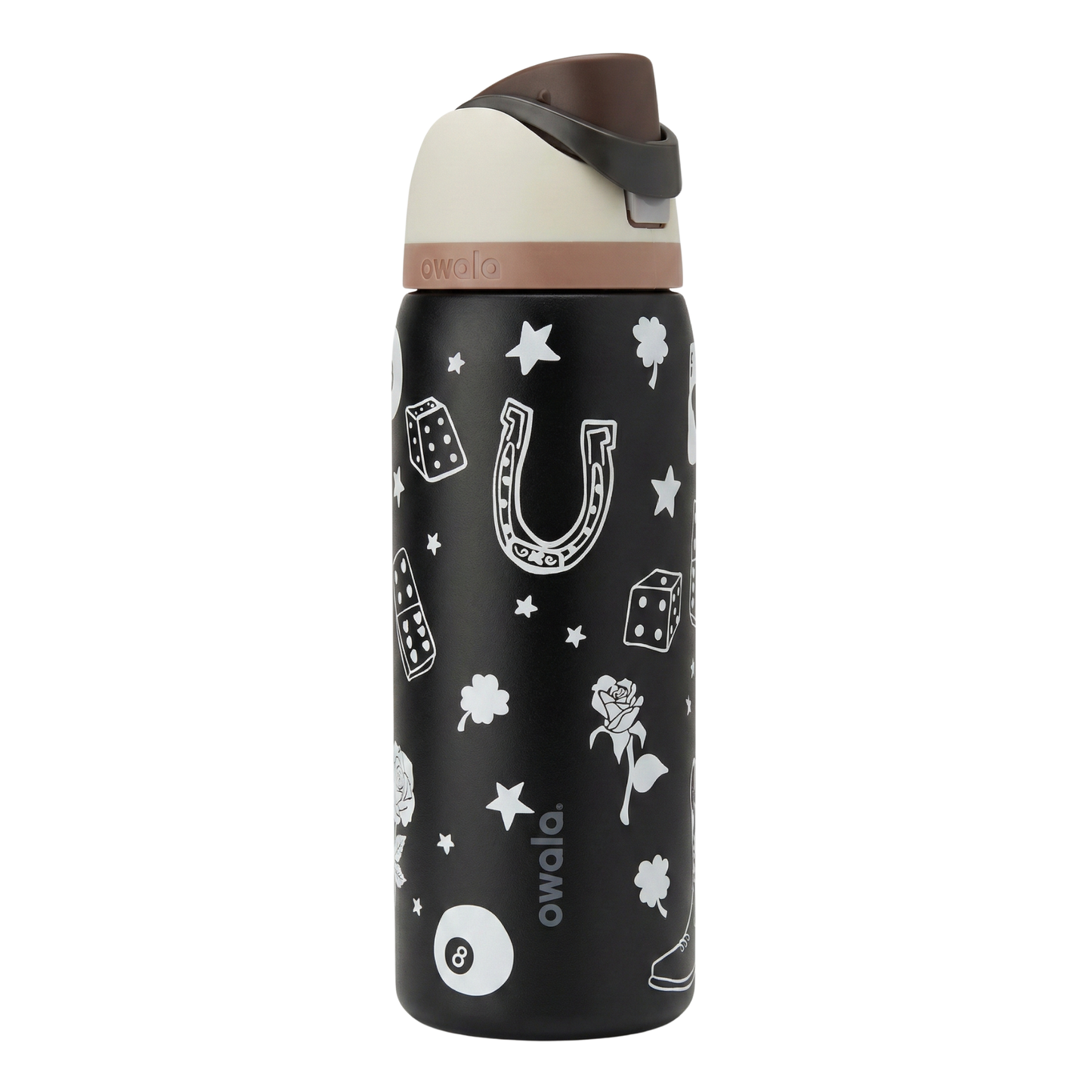 Botella térmica Owala FreeSip de 32 onzas en color negro mate con gráficos de temática vaquera (herradura, dados, rosa y estrellas) en color blanco.