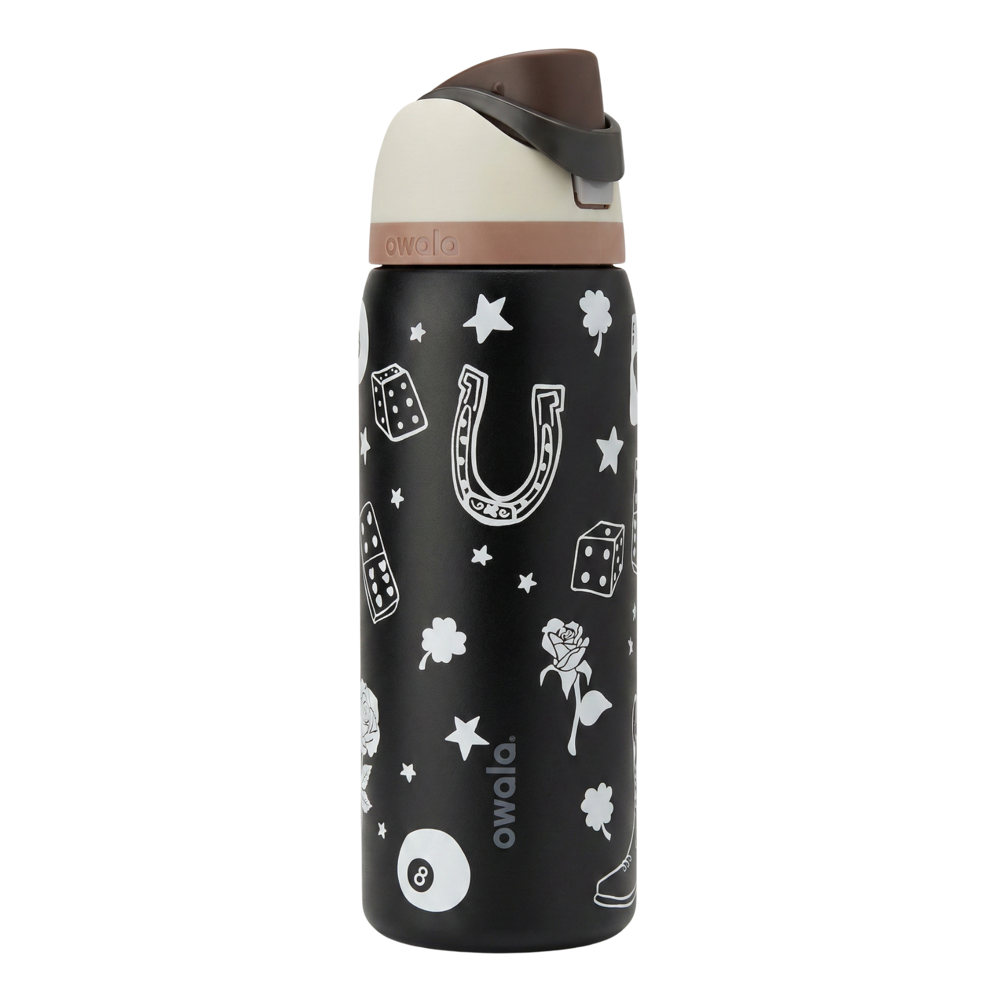 Botella térmica Owala FreeSip de 32 onzas en color negro mate con gráficos de temática vaquera (herradura, dados, rosa y estrellas) en color blanco.