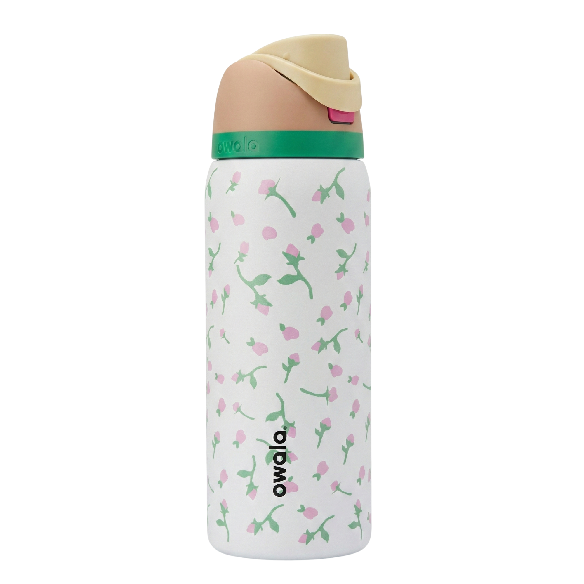 Botella térmica Owala FreeSip de 32 onzas en color blanco con un patrón de pequeñas flores y capullos en color rosa y verde (Flower Power). La tapa FreeSip presenta una combinación de colores en beige, verde bosque y un botón de apertura en fucsia. Cuerpo de acero inoxidable con aislamiento al vacío.