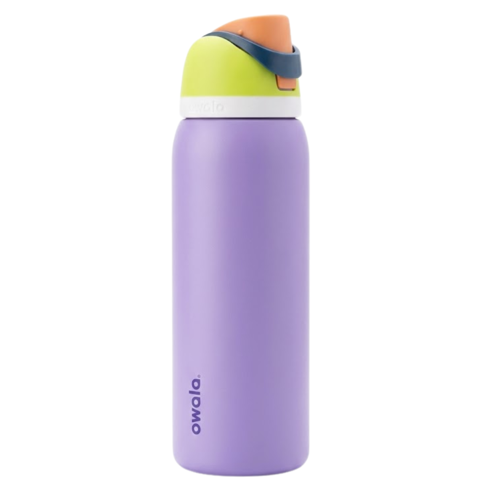 Botella térmica de 32 onzas Owala FreeSip en color lila vibrante (Grape Soda). La tapa presenta una combinación de verde lima, azul marino y un botón de apertura en color naranja suave. Cuerpo de acero inoxidable con aislamiento de doble pared.