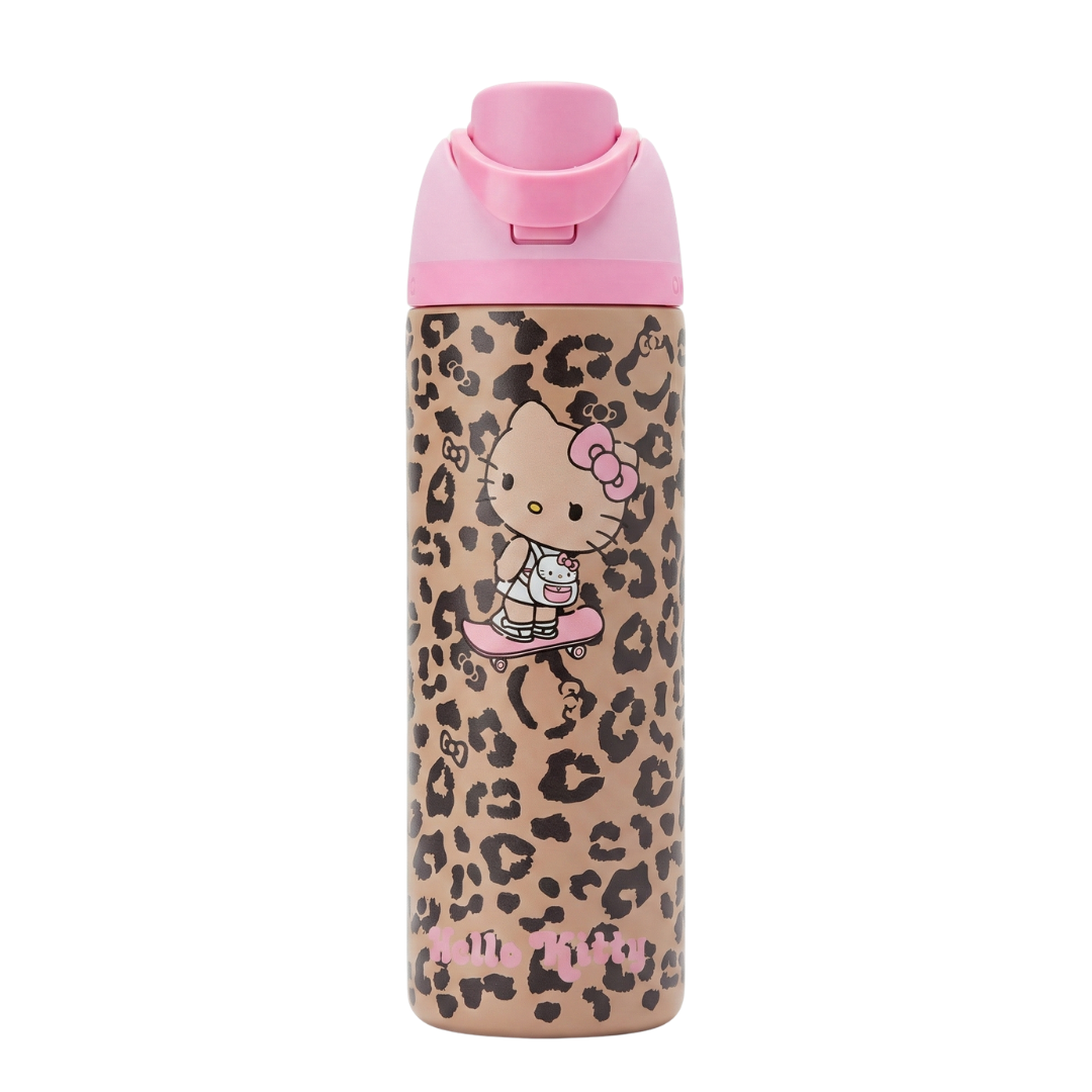 Botella térmica Owala FreeSip de 32 onzas con diseño de estampado de leopardo en tonos café y negro, tapasera rosada.