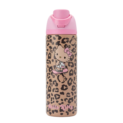 Botella térmica Owala FreeSip de 32 onzas con diseño de estampado de leopardo en tonos café y negro, tapasera rosada.