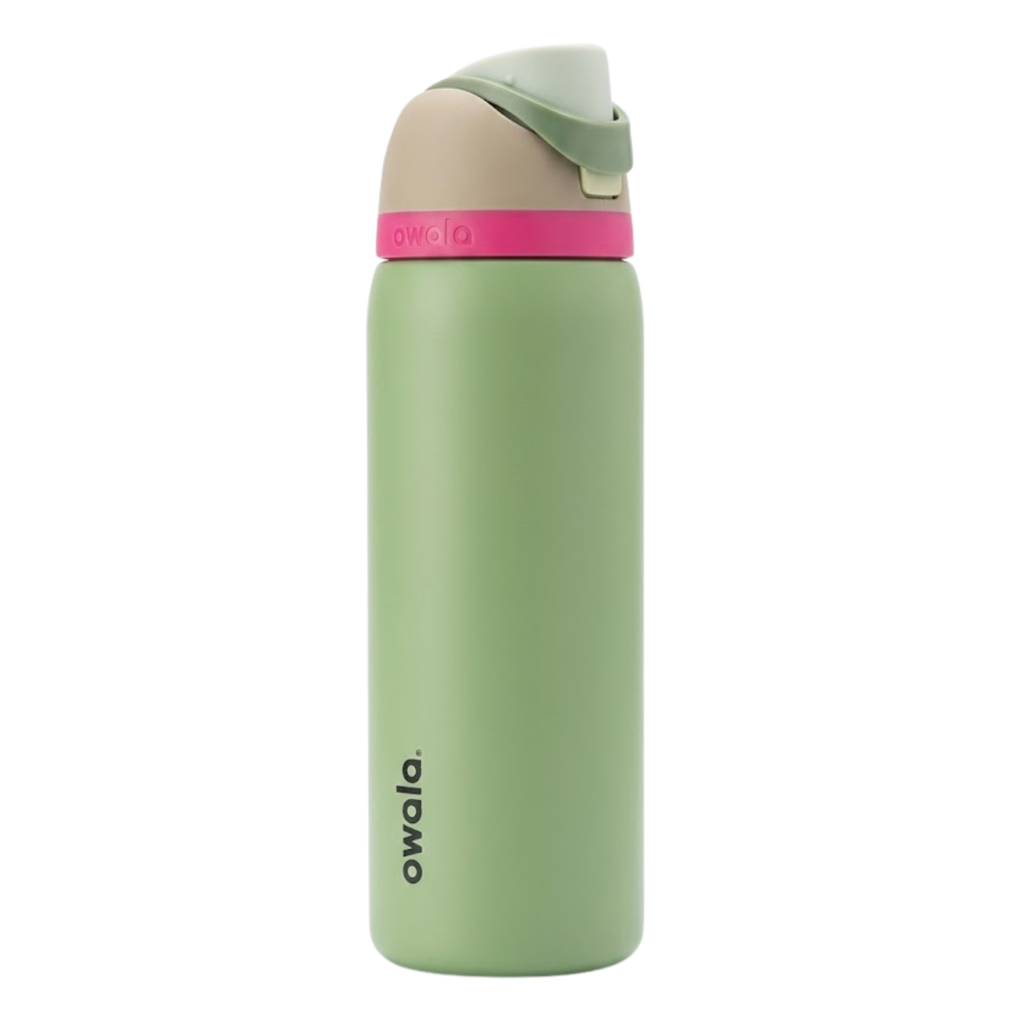 Botella térmica Owala FreeSip de 32 onzas en color verde olivo (Neo Sage). Cuenta con una tapa multicolor en tonos beige y verde bosque, con un botón de apertura en color rosa intenso y el logotipo de Owala en negro en la base.