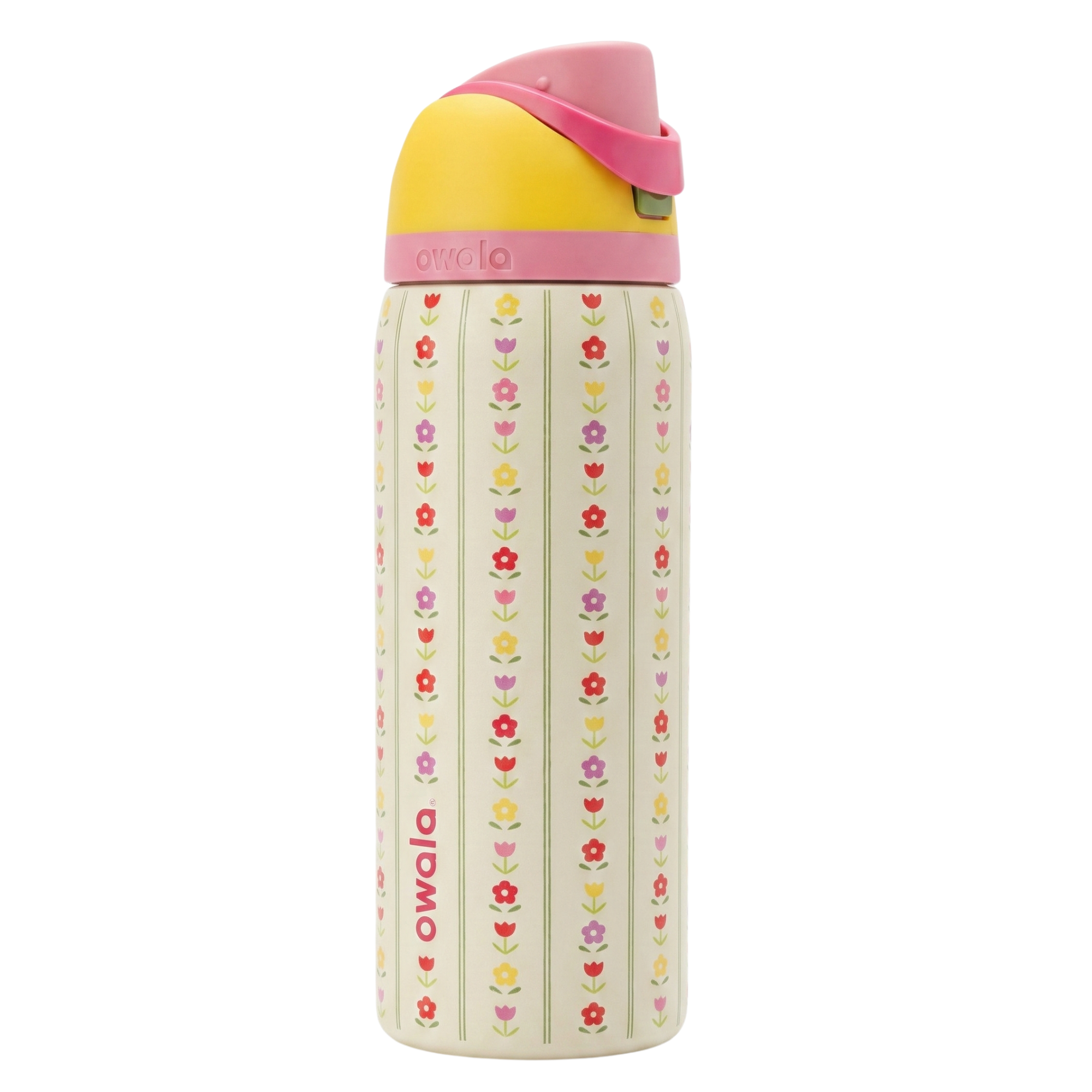 Botella térmica Owala FreeSip de 32 onzas en color beige con un patrón de finas rayas verticales verdes y pequeñas flores multicolor (Petal Pushers). La tapa FreeSip combina tonos amarillo mostaza y rosa, con un asa de transporte que funciona como seguro de bloqueo. Cuerpo de acero inoxidable.