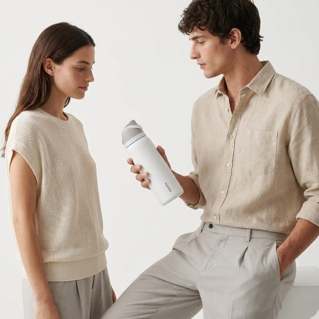 Botella térmica Owala FreeSip de 32 onzas. El termo tiene un cuerpo blanco mate y una tapa ergonómica en tonos gris claro y blanco.
