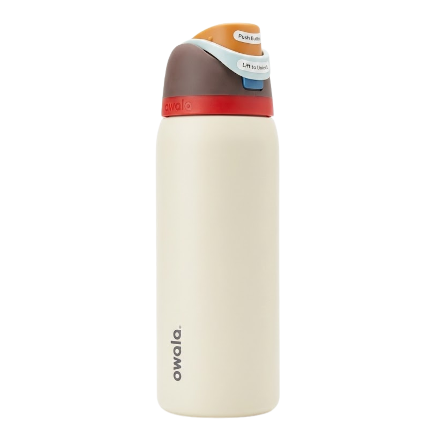 Botella térmica Owala FreeSip de 32 onzas en color crema o beige (Pillow Talk) con tapa multicolor en tonos café, rojo y azul claro. Fabricada en acero inoxidable con aislamiento al vacío, incluye la boquilla FreeSip patentada y argolla de transporte segura.
