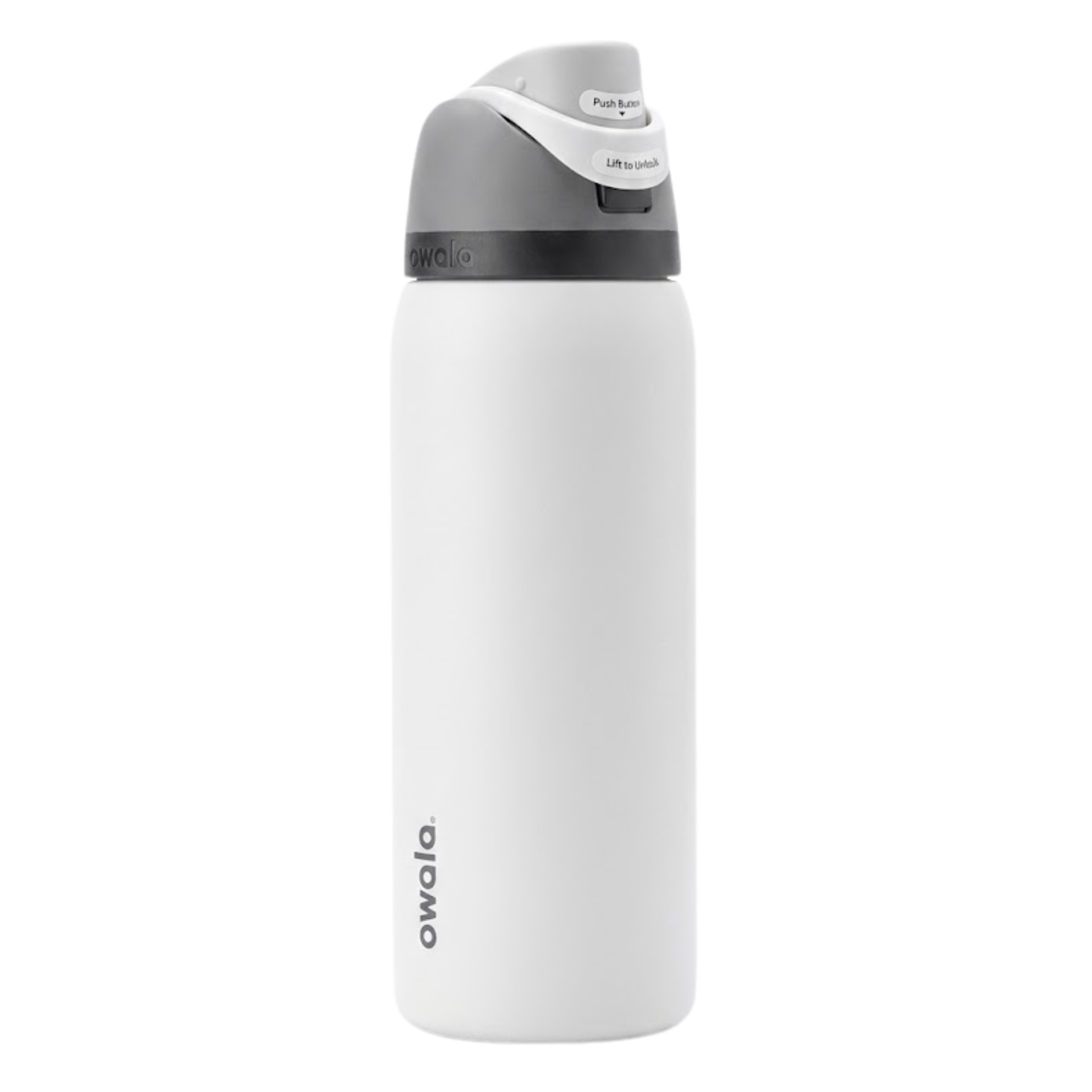 Botella térmica Owala FreeSip de 32 onzas en color blanco mate (Shy Marshmallow) con detalles en gris en la tapa. Fabricada en acero inoxidable con aislamiento de doble pared, cuenta con la boquilla FreeSip patentada y tapa con botón de apertura y argolla de transporte.