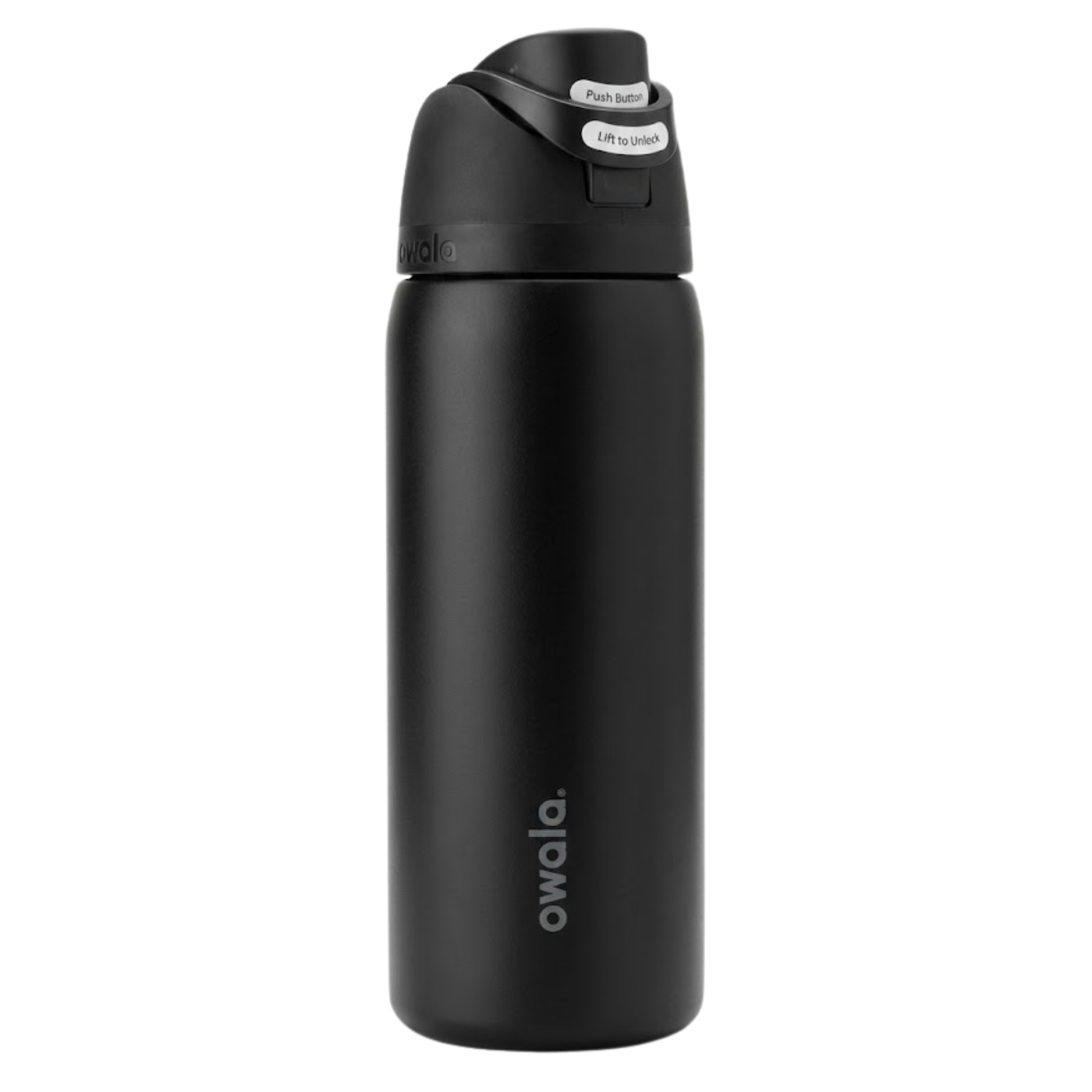 Botella térmica Owala FreeSip de 32 onzas en color negro mate integral. Fabricada en acero inoxidable con aislamiento de doble pared, incluye tapa hermética con botón de apertura, seguro de bloqueo y la boquilla patentada FreeSip para beber con sorbete o flujo libre.
