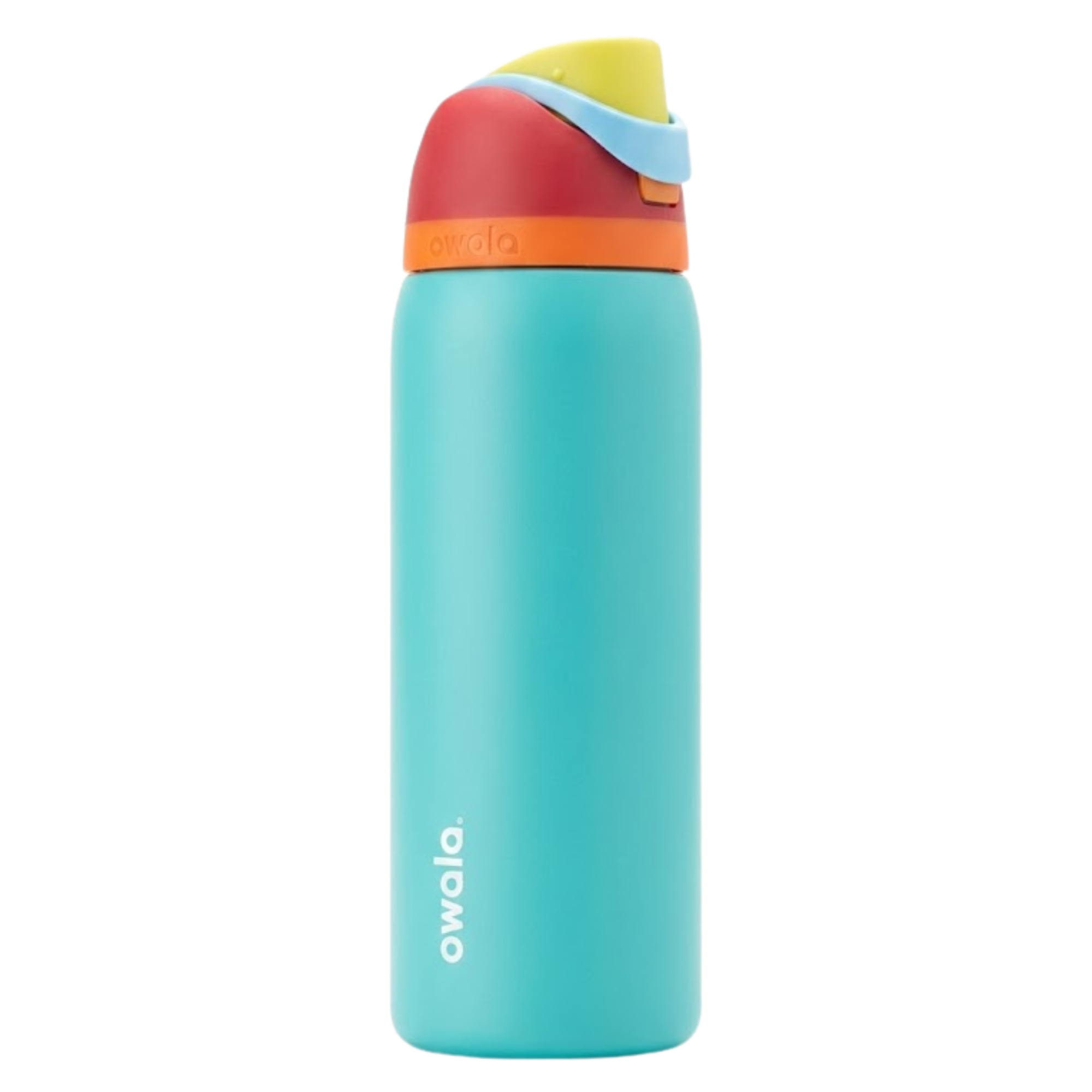 Botella térmica de 32 onzas Owala FreeSip con cuerpo en color turquesa brillante (Surfs Up). La tapa es multicolor con secciones en rojo ladrillo, una banda naranja y detalles en azul cielo y amarillo en la boquilla. Acero inoxidable con aislamiento al vacío.