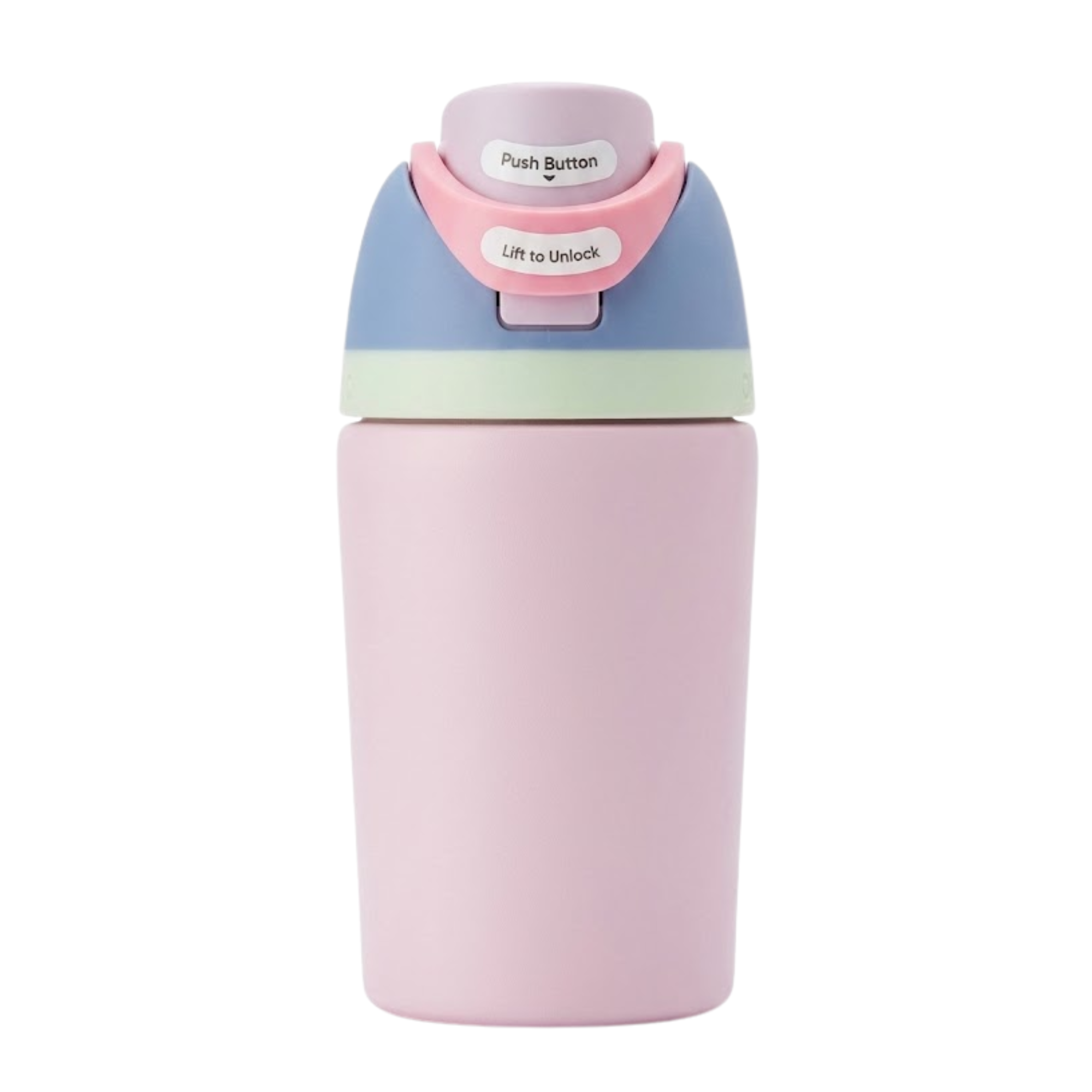 Botella térmica infantil Owala FreeSip de 12 onzas en color palo rosa (Bunny Hop). La tapa FreeSip presenta una combinación de colores en azul claro, verde menta y un clip de seguridad rosa. Cuerpo de acero inoxidable con aislamiento al vacío.
