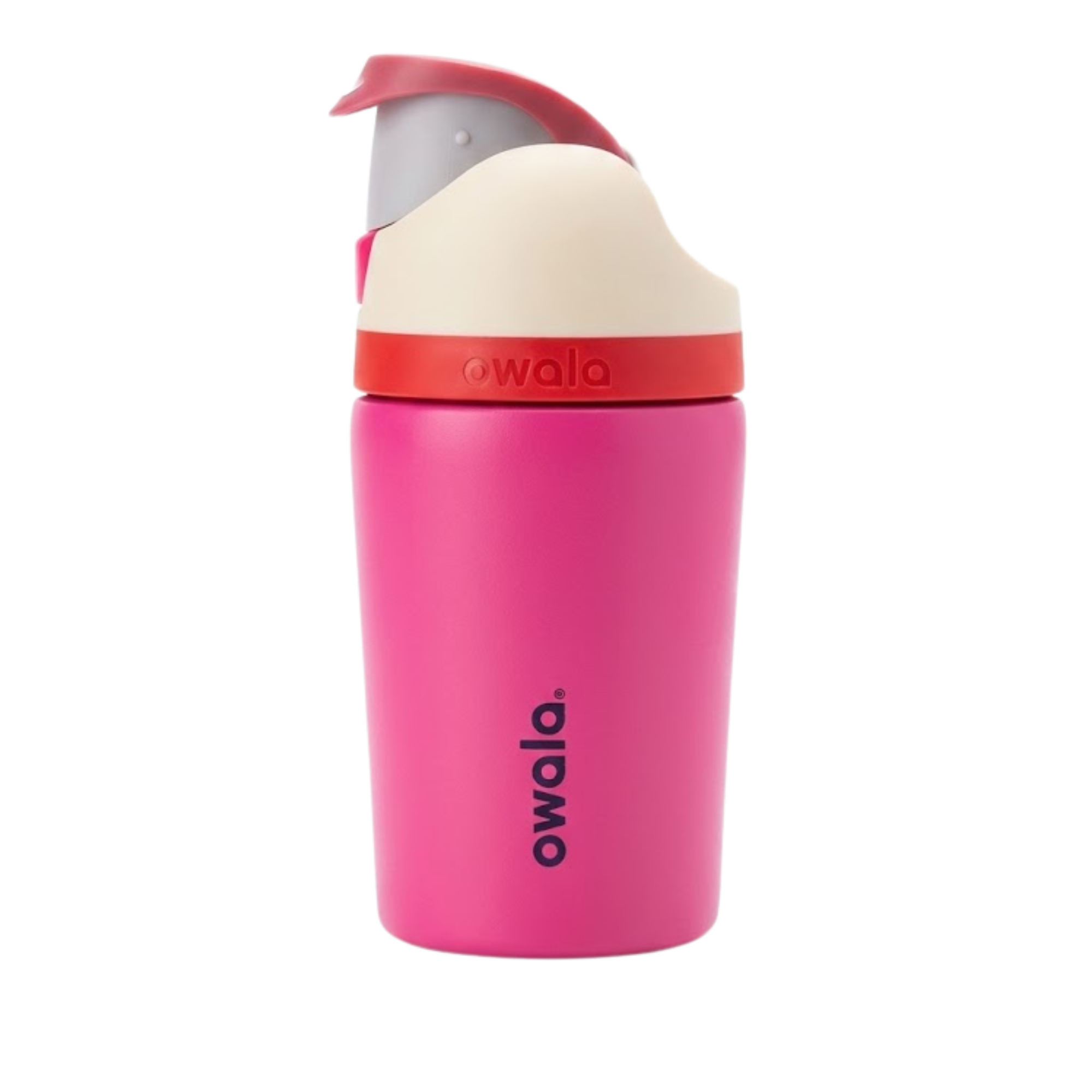 Botella térmica infantil Owala FreeSip de 12 onzas en color rosa vibrante (Candy Coated). Presenta una tapa en color crema con una banda naranja y un clip de seguridad rosa. Cuerpo de acero inoxidable con aislamiento al vacío.