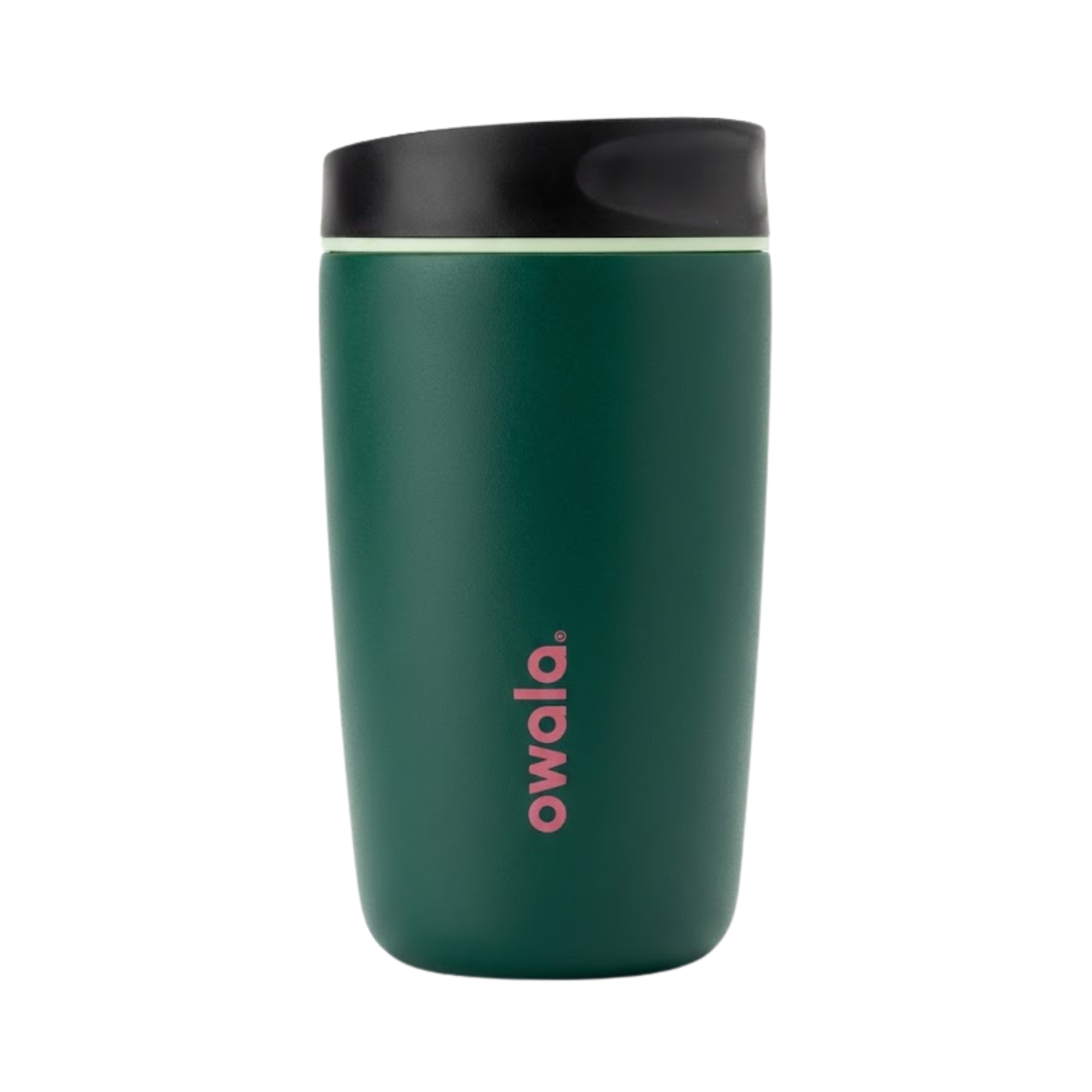 Vaso térmico pequeño Owala SmoothSip de 12 onzas en color verde bosque oscuro (Boneyard). Presenta una tapa negra hermética y el logotipo de Owala en color rosa pálido. Diseño compacto de acero inoxidable para bebidas calientes.