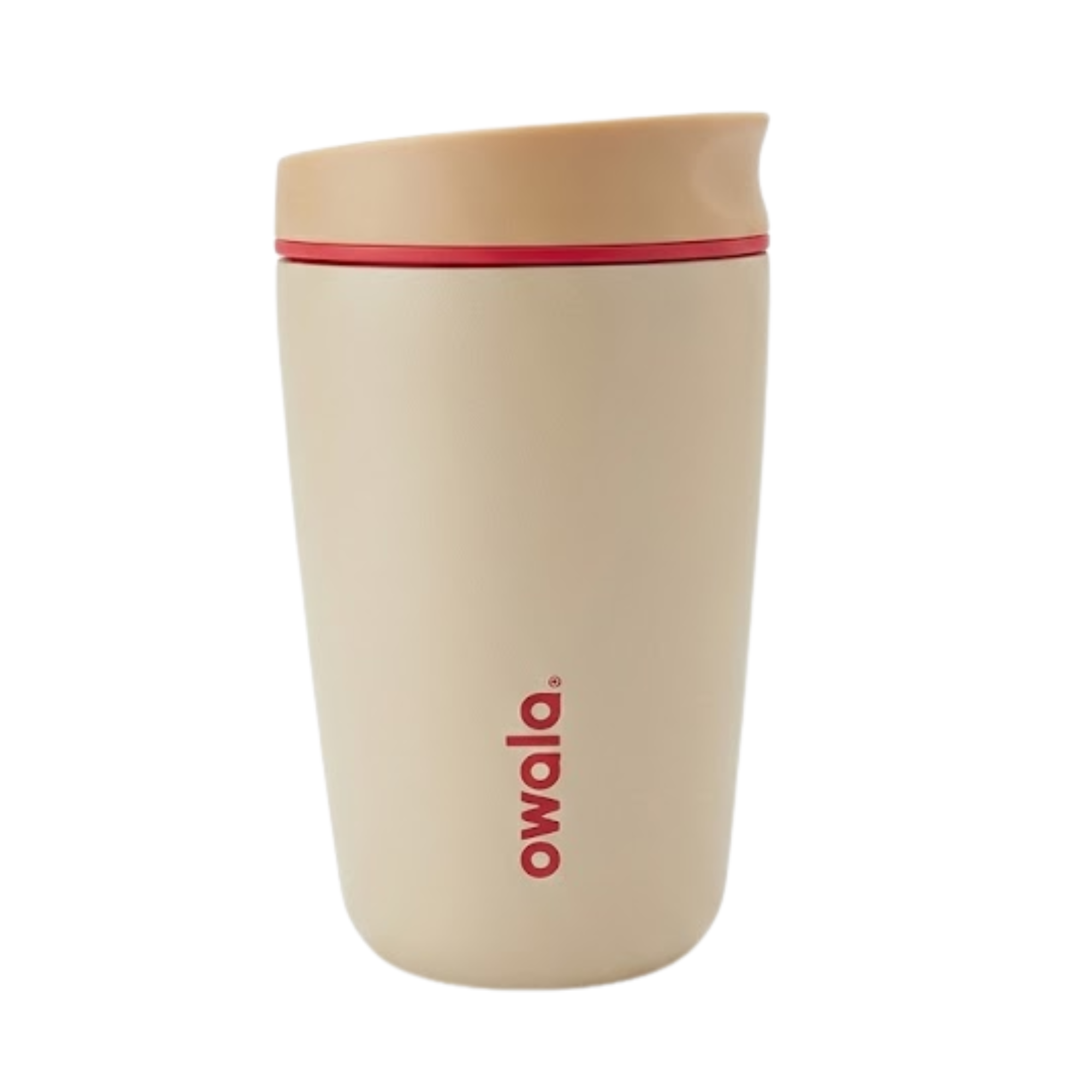 Vaso térmico Owala SmoothSip de 12 onzas en color beige suave (Champagne) con detalles en rojo ladrillo en el logotipo y base de la tapa.