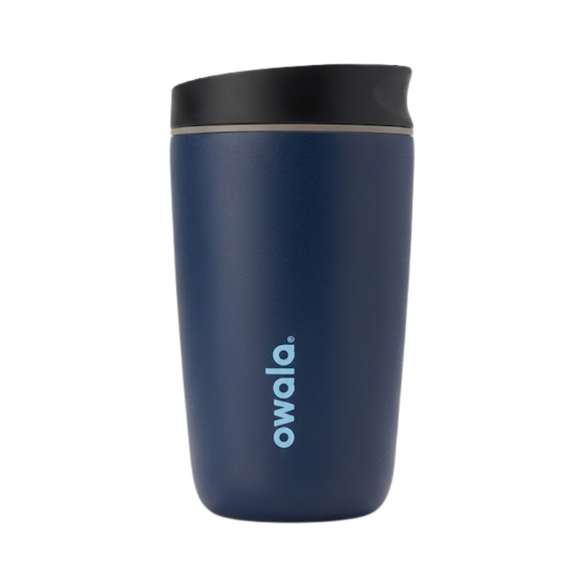 Vaso térmico Owala SmoothSip de 12 onzas en color azul marino mate (Denim) con logotipo en azul claro y tapa negra minimalista.