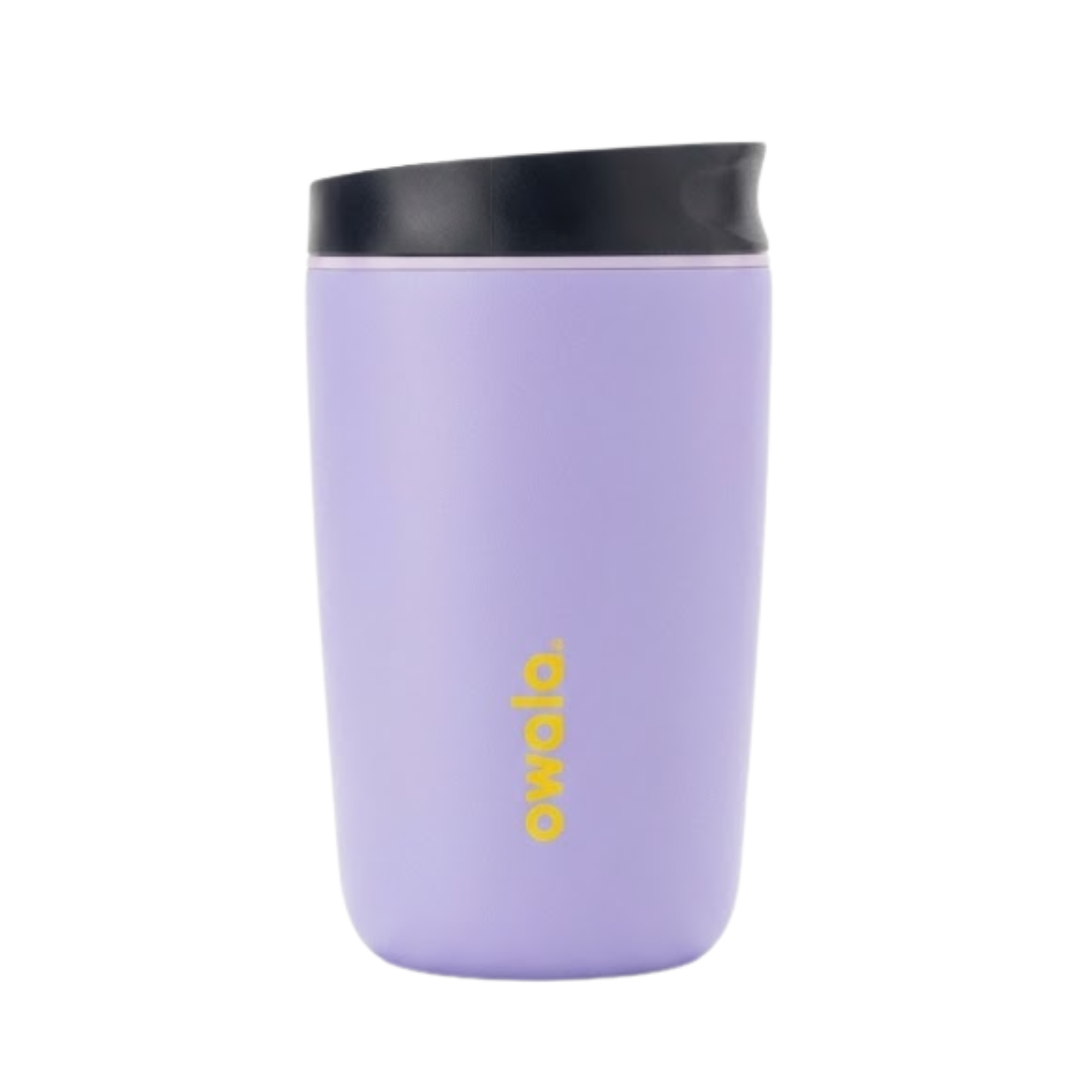 Vaso térmico Owala SmoothSip de 12 onzas color lila mate (Grape Soda) con logotipo en amarillo brillante y tapa negra.