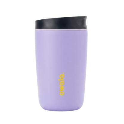 Vaso térmico Owala SmoothSip de 12 onzas color lila mate (Grape Soda) con logotipo en amarillo brillante y tapa negra.