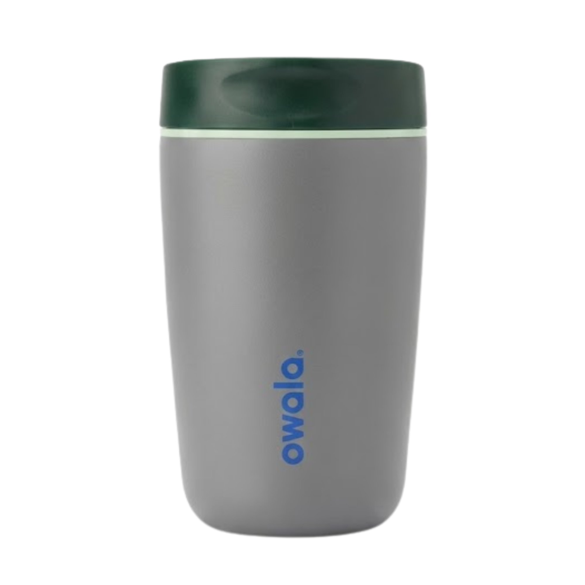 Vaso térmico pequeño Owala SmoothSip de 12 onzas en color gris mate (Pines). Presenta una tapa en verde bosque oscuro con una delgada línea en verde claro y el logotipo de Owala en color azul. Cuerpo de acero inoxidable con aislamiento al vacío.